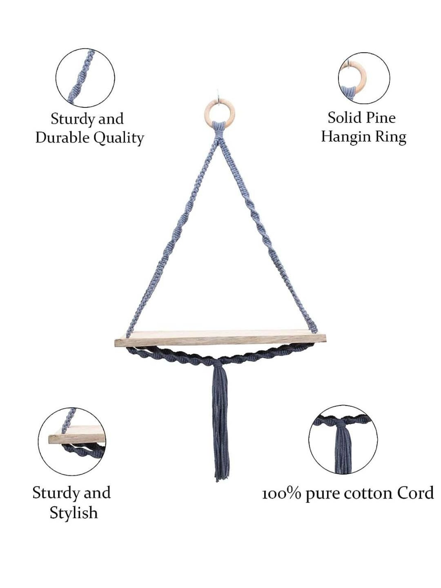 Homesake Grey Wood Triangle Macrame Wall Hanging Shelf