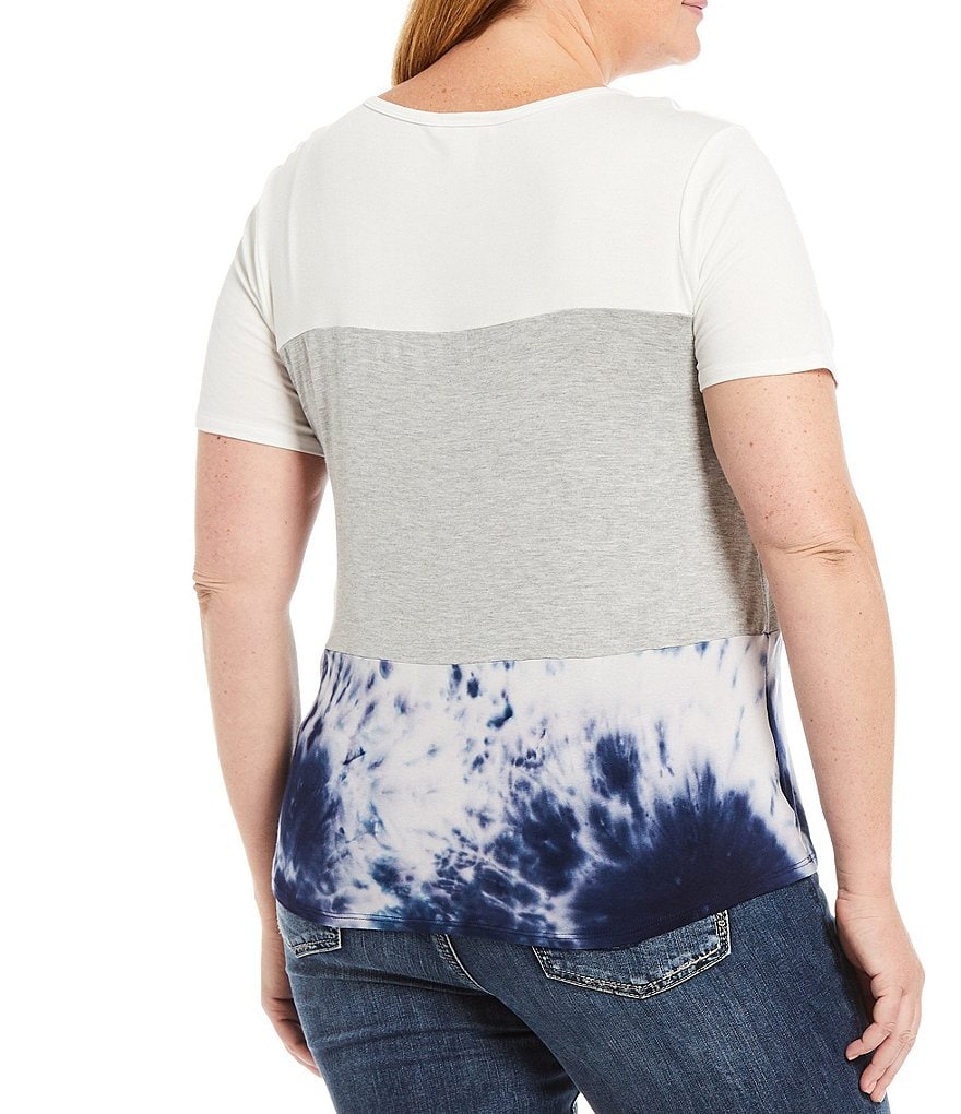 Moa Moa Plus Size Solid Tie Dye Colorblock Scoop Neck Short Sleeve Contrast Pocket Top