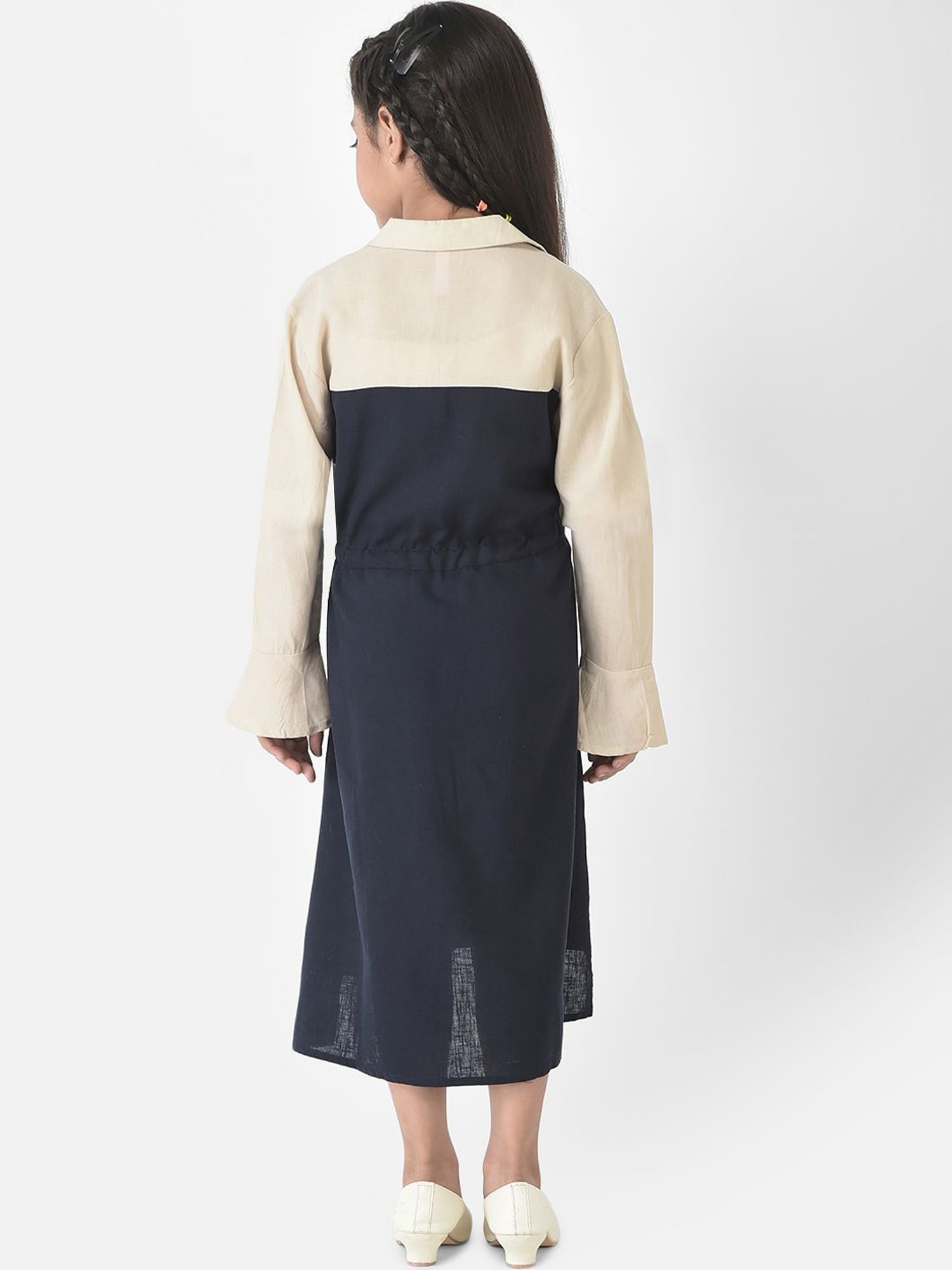 Crimsoune Club Kids Navy & Cream Color Block Full Sleeves Dress