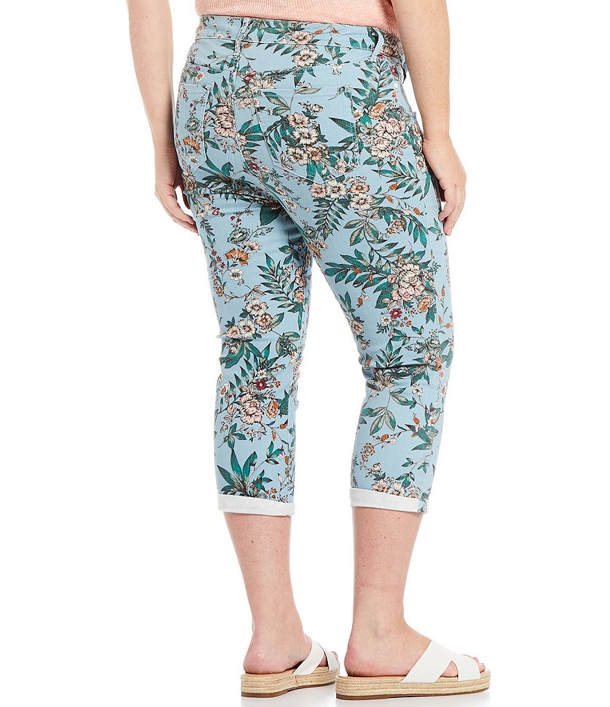 Code Bleu Plus Size Flourish Bloom Print Classic Capri Jeans