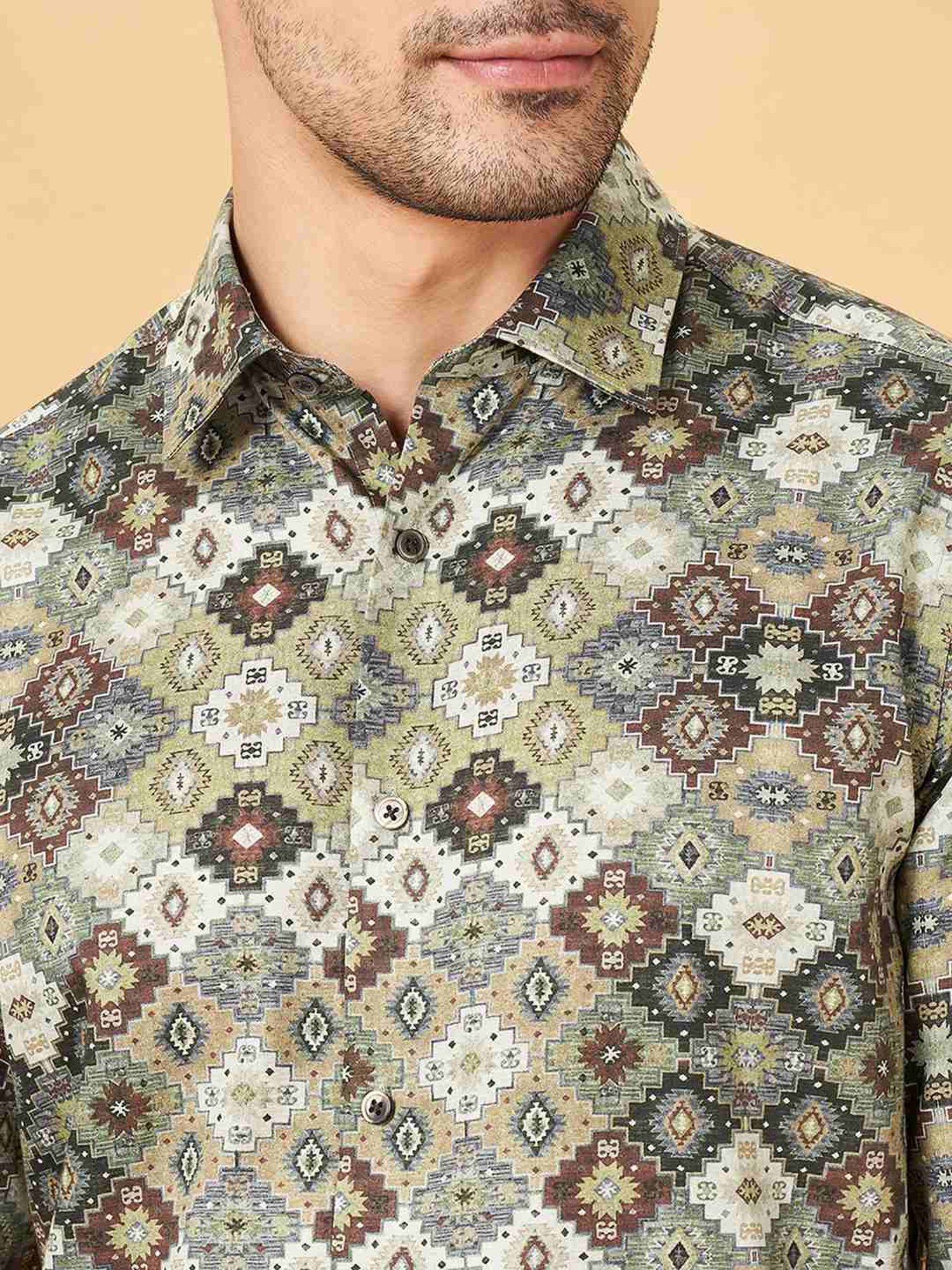 Peregrine By Pantaloons Olive Slim Fit Printed Shirt