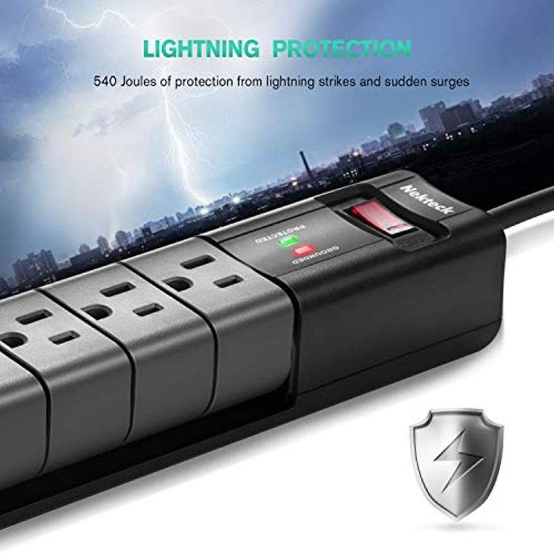 Flat Plug Surge Protector, Nekteck Surge Protector Power Strip with 2 USB Port and 6 Rotating-Outlet, 590 Joule,15A 1800W 6ft Extension Cord, Wall-mountable Surge Protector for Home Office Hotel