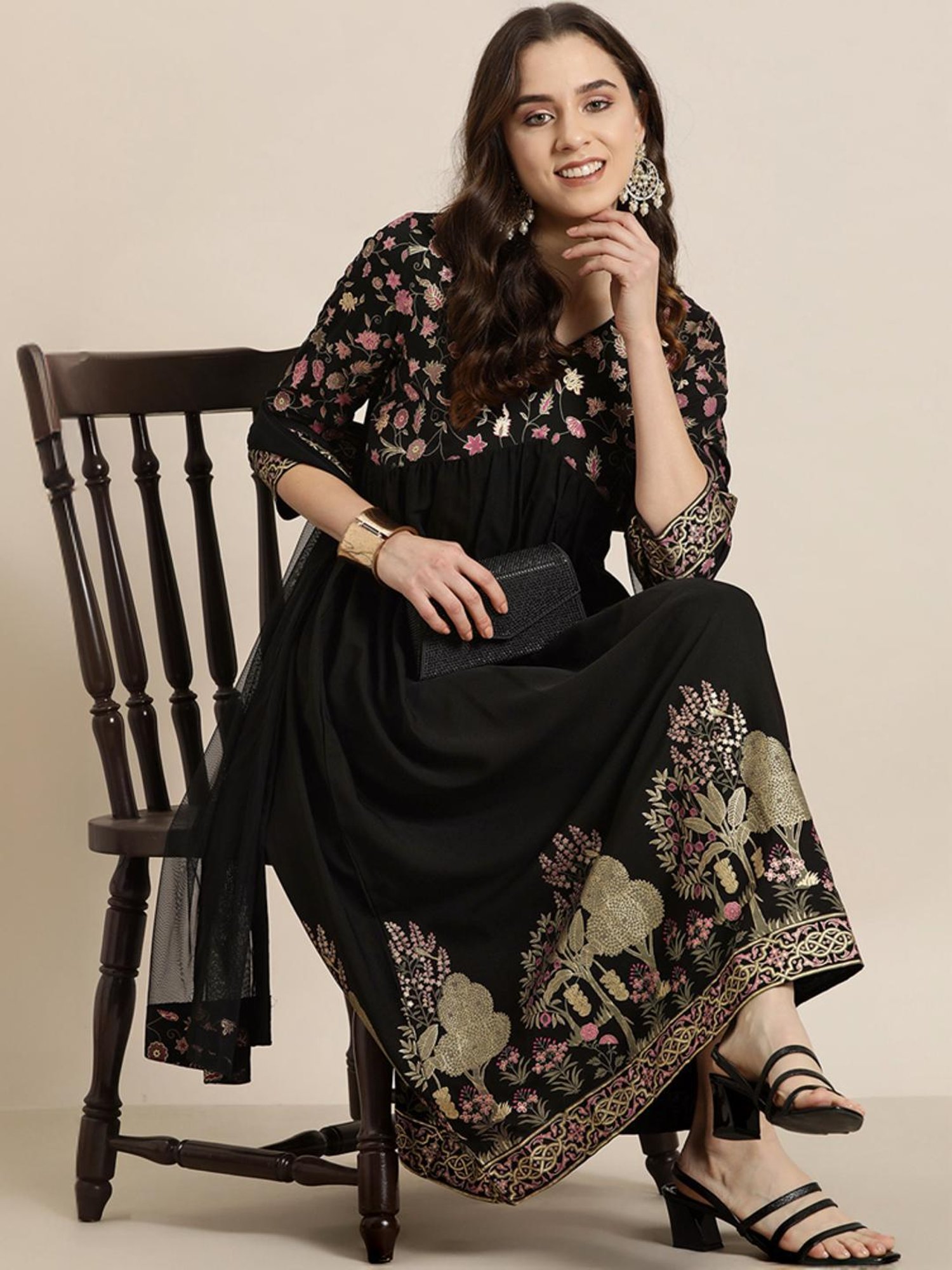 Ziyaa Black Printed A-Line Dress With Dupatta