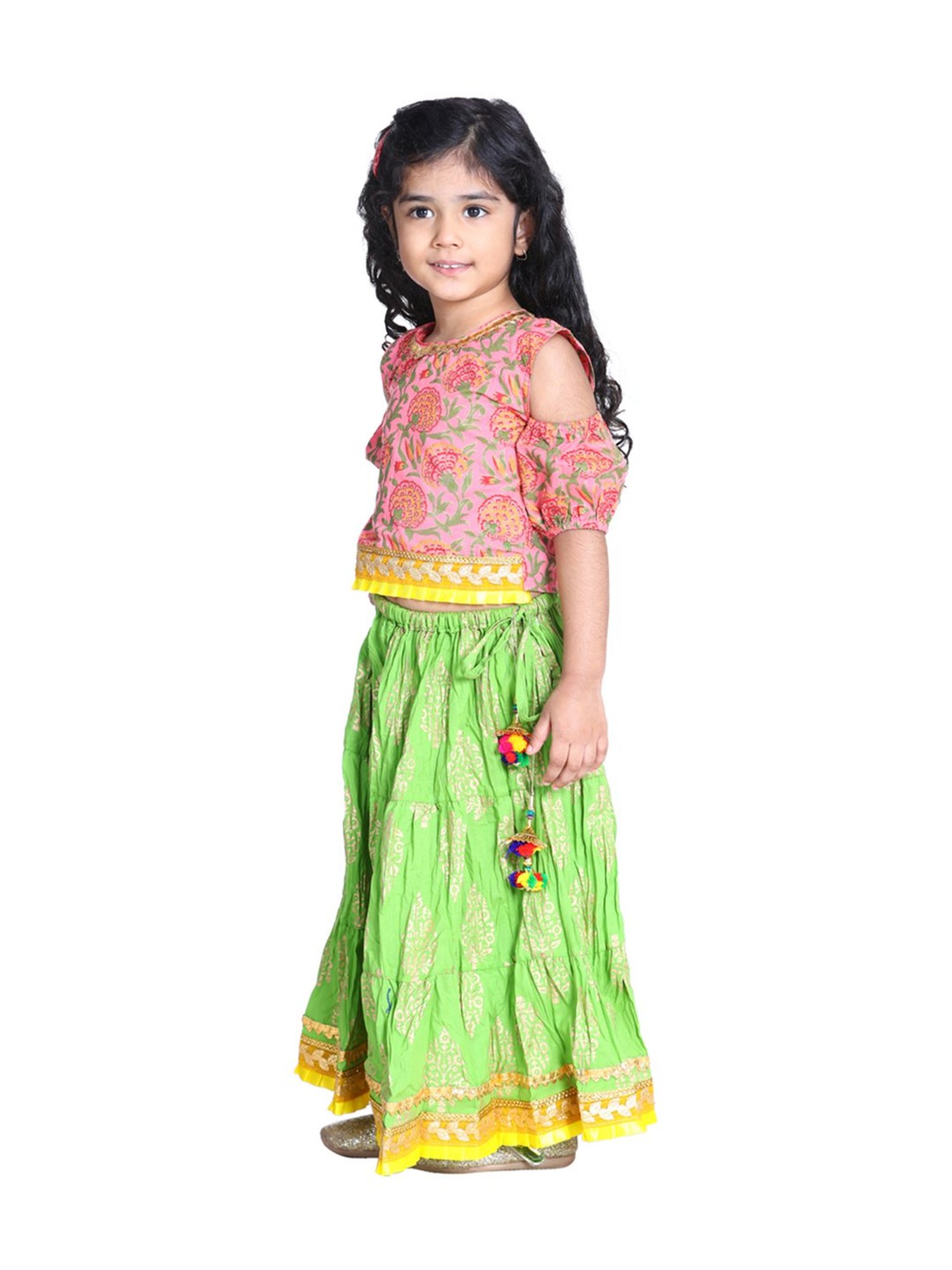 BownBee Kids Pink & Green Cotton Printed Lehenga Choli
