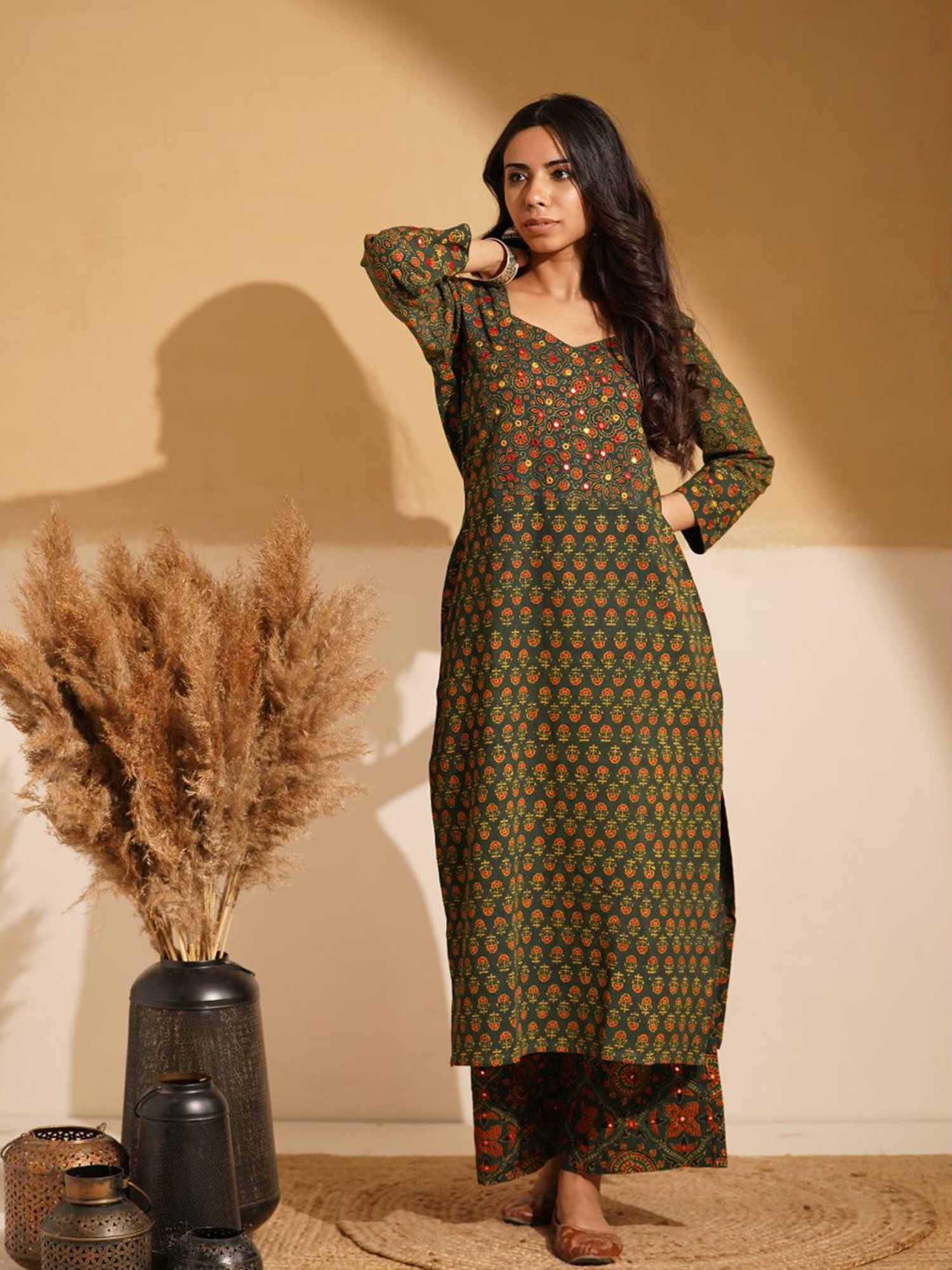 Love Chic Green Ajrakh Cotton Straight Kurta