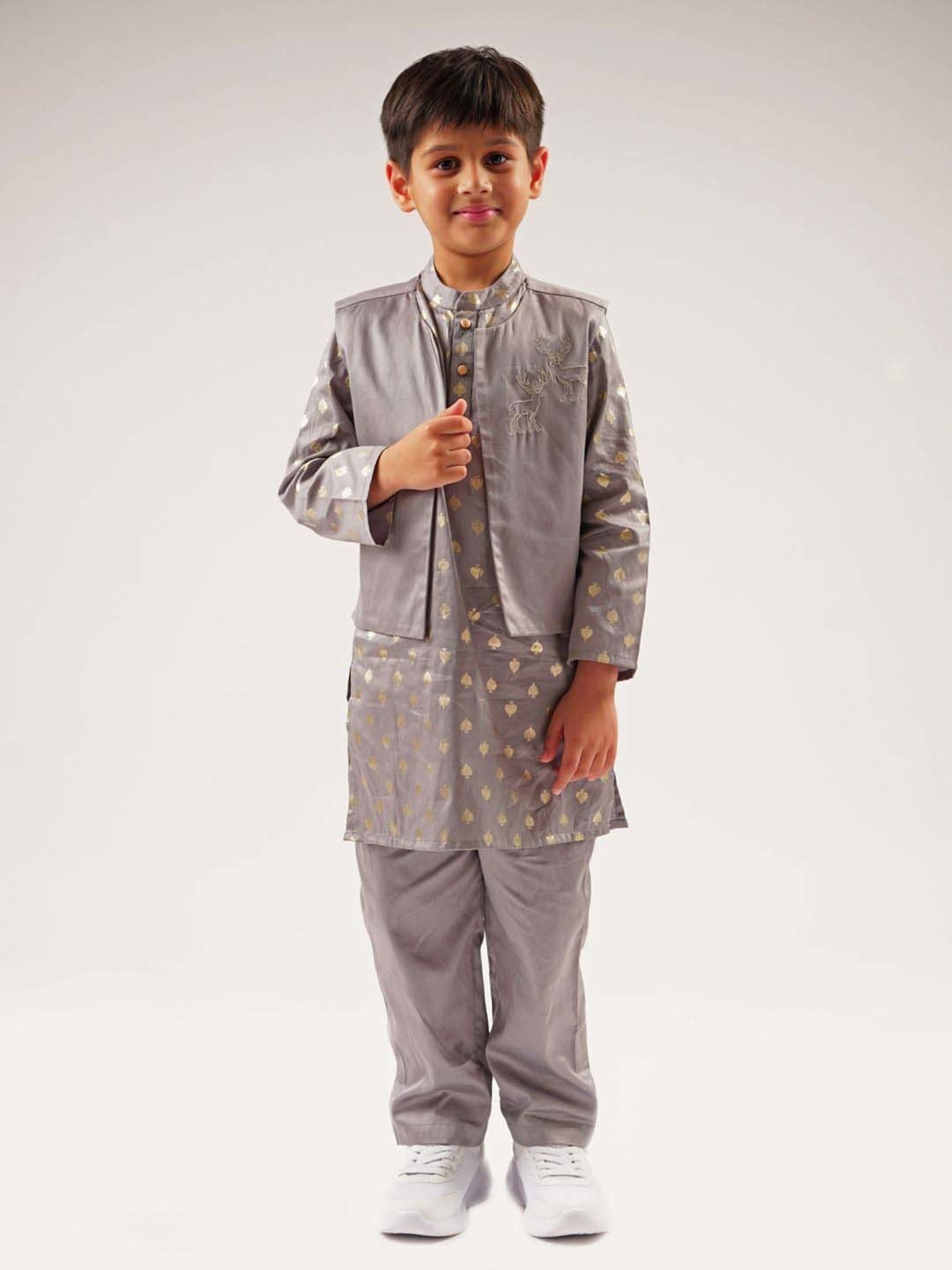 Lil Drama Kids Grey Cotton Embroidered Full Sleeves Kurta Set
