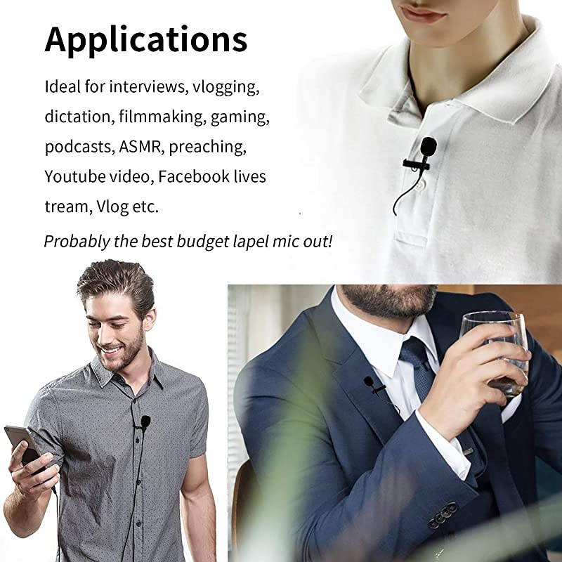 19 Feet Lavalier Microphone for Canon iPhone Podcast,  Omnidirectional Condenser Recording Mic for Nikon Sony iPhone 8 8 plus 7 6 6s Plus DSLR Camcorder Audio Recorder Youtube Interview Video