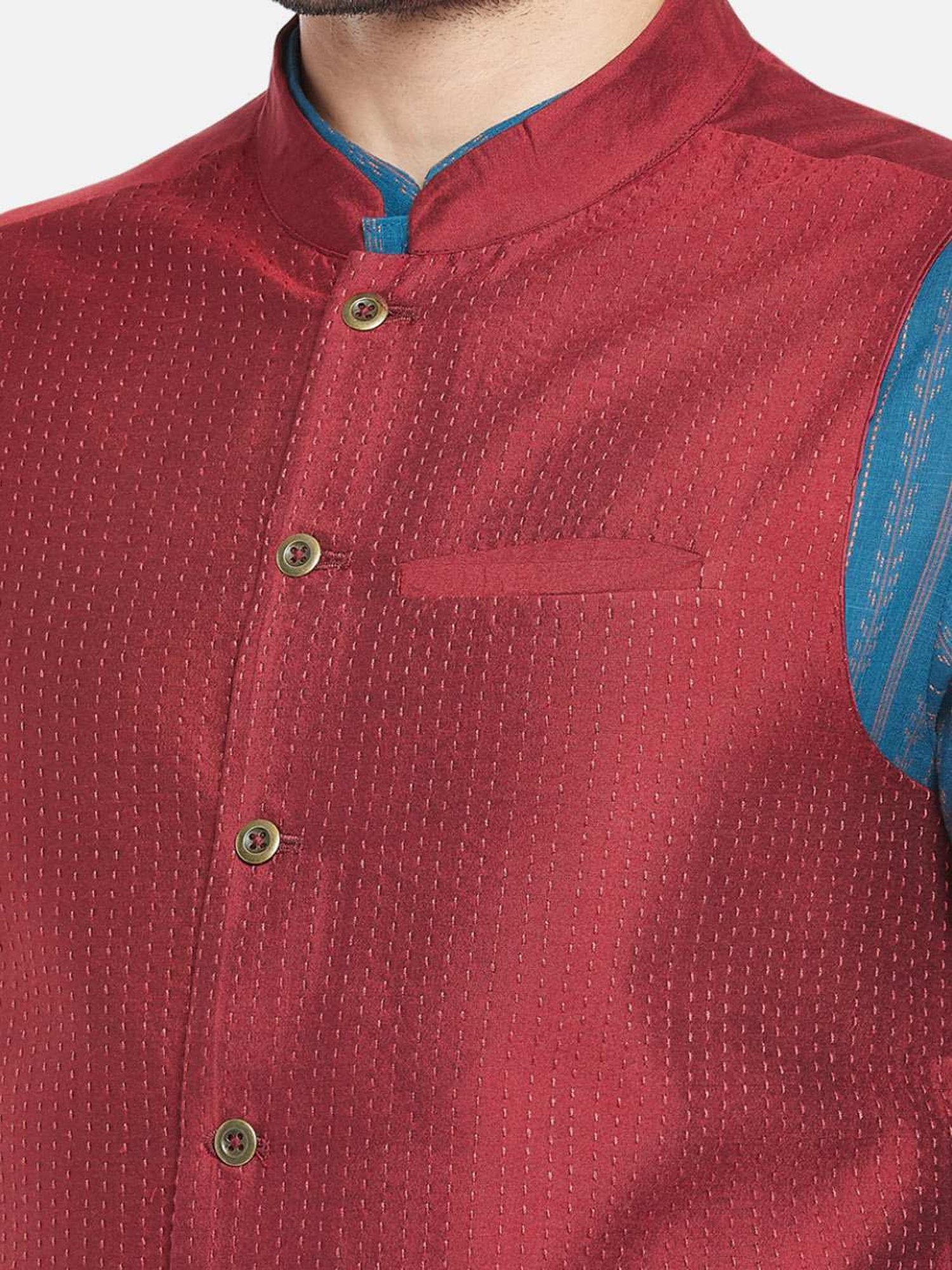 Indus Route by Pantaloons Maroon Regular Fit Self Pattern Nehru Jacket