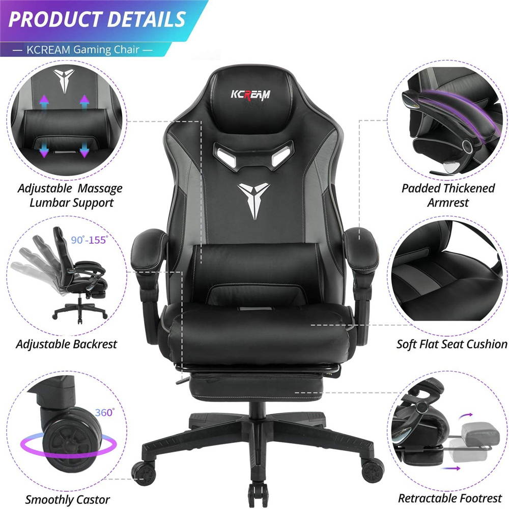KCREAM Racing Style PC Gamer Chair Large Size Ergonomic Computer Chair with Build-in Lumbar Support Footrest and Adjustable Recliner High Back PU Leather Gaming Chair for Adult