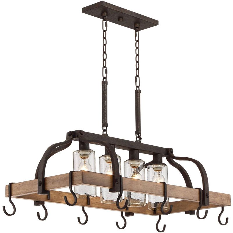 Franklin Iron Works Bronze Wood Pot Rack Linear Pendant Chandelier 36 1/2" Wide Rustic Farmhouse Seeded Glass 4-Light for Kitchen