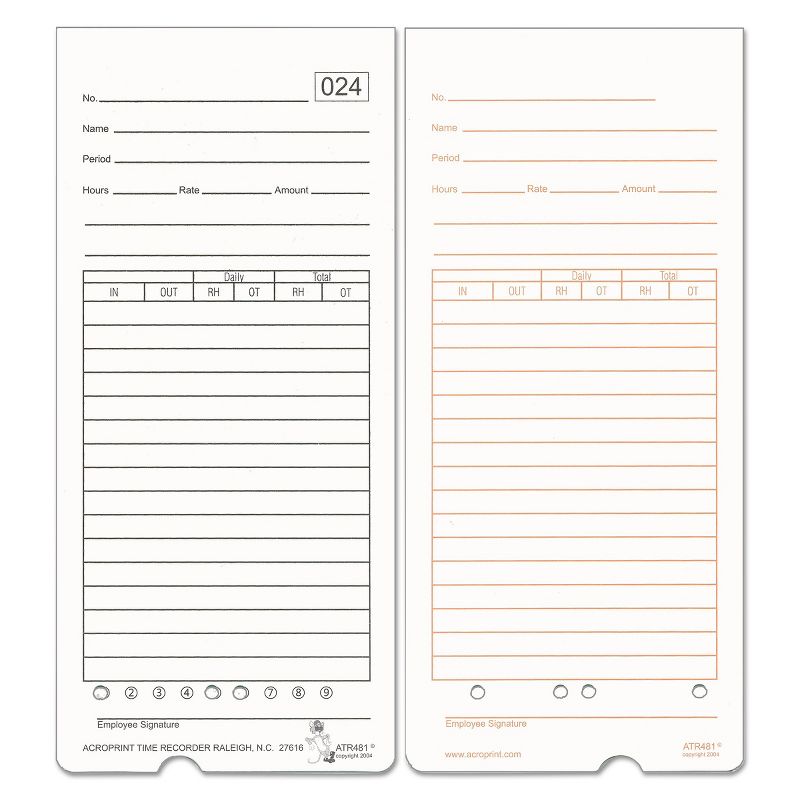 Acroprint Time Card for ATR480 Totalizing Electronic Time Clock 7 1/2 x 3.35 50 per pack 099115000