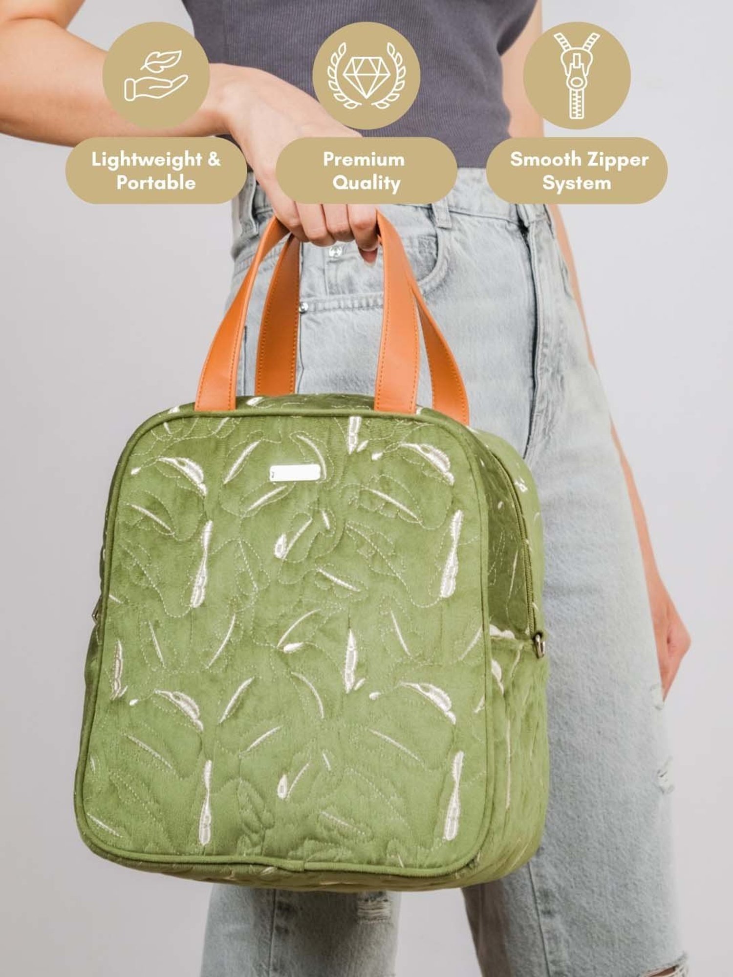 Nestasia High-Quality Insulated Velvet Green Lunch Bag With Adjustable Shoulder Strap & Handles