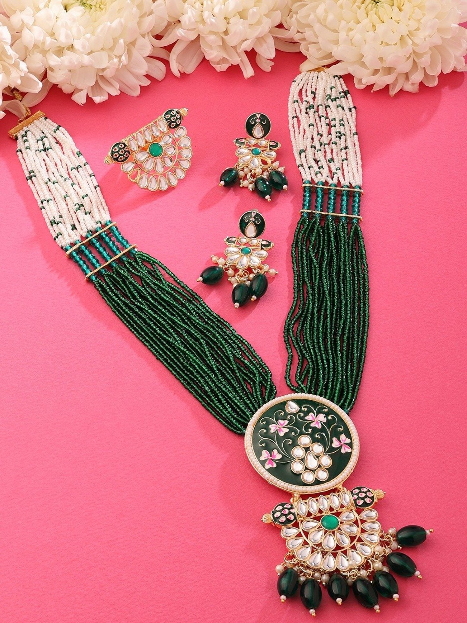 Zaveri Pearls Green Pink Meenakari Multistrand Beaded Kundan Necklace Earring Ring Set-ZPFK15624