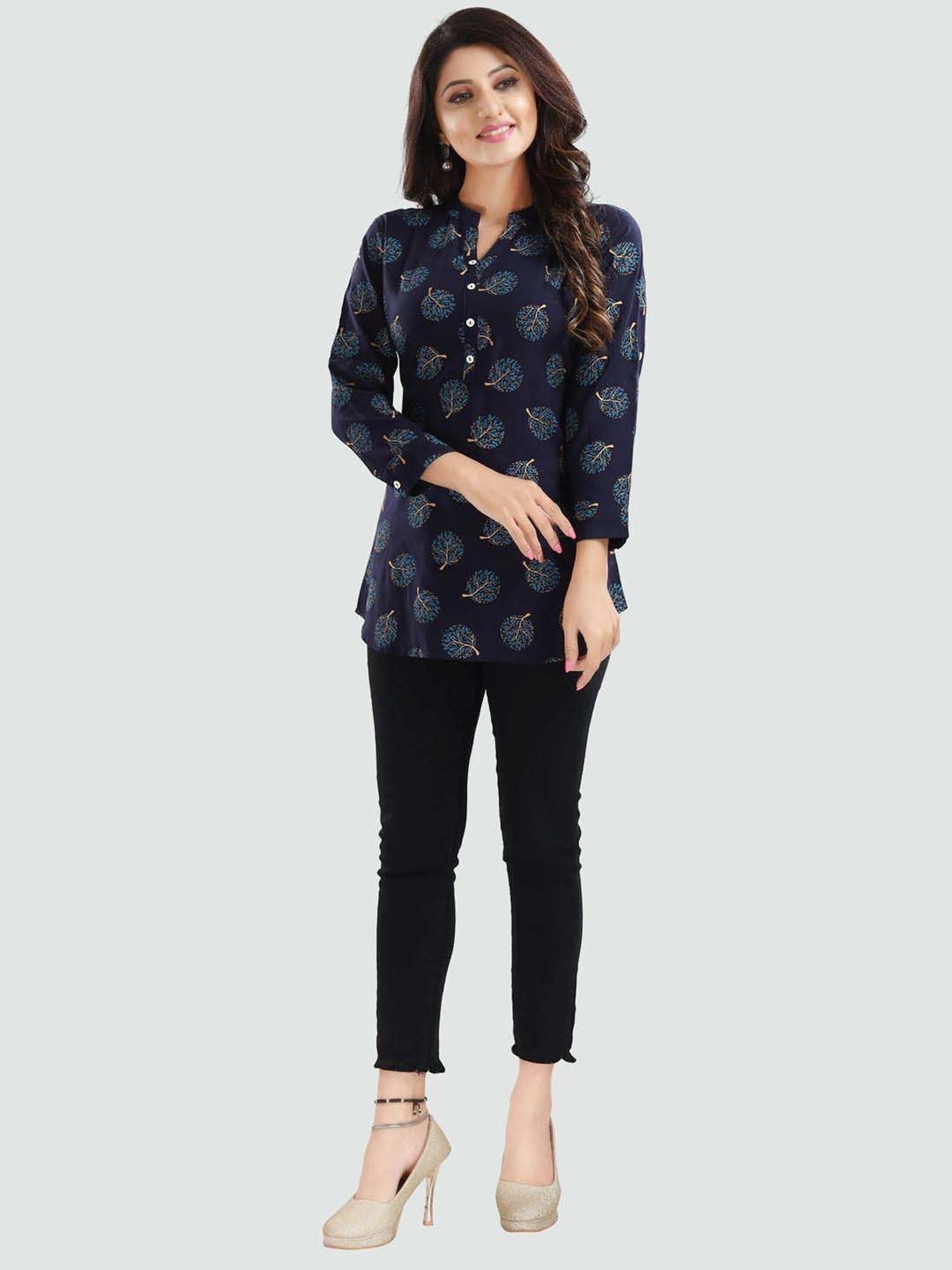 Saree Swarg Blue Printed A Line Short Kurti