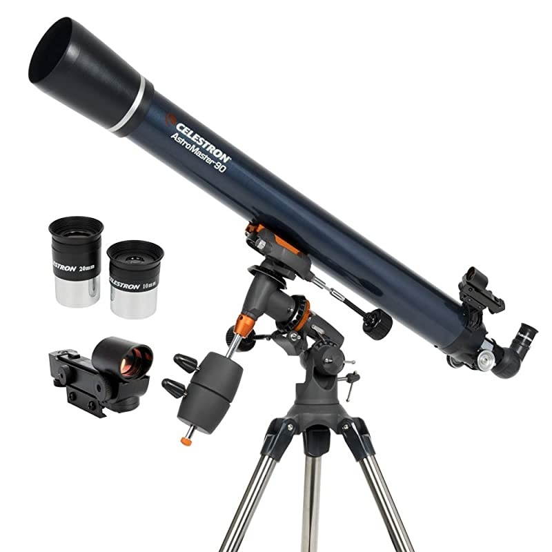 AstroMaster 90EQ Refractor Telescope - Refractor Telescope for Beginners - Fully-Coated Glass Optics - Adjustable-Height Tripod - BONUS Astronomy Software Package