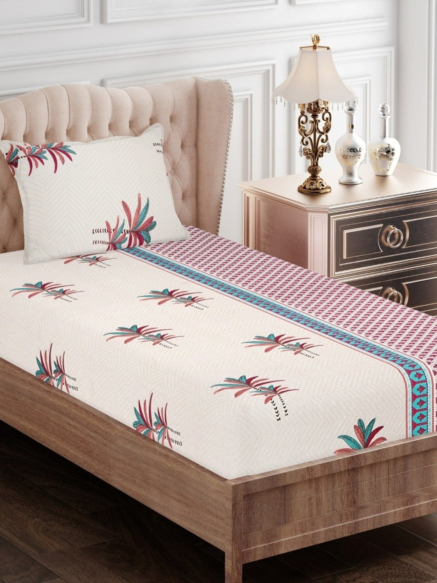 SEJ by Nisha Gupta Abstract Pink 144 TC Cotton Single Bed Sheet with 1 Pillow Cover