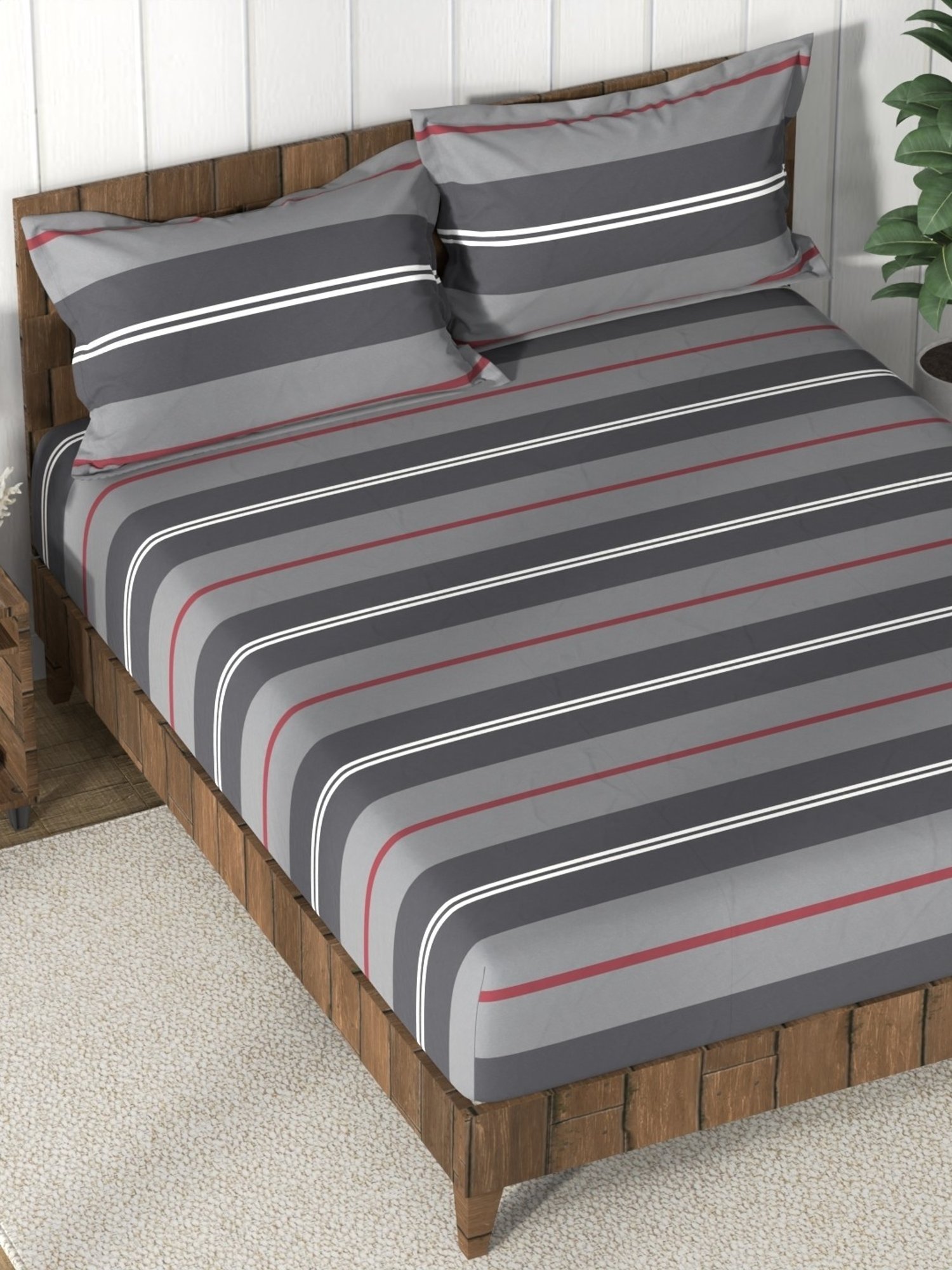 Nautica Bristol Stripes Grey 150 TC King Bedsheet with 2 Pillow Covers