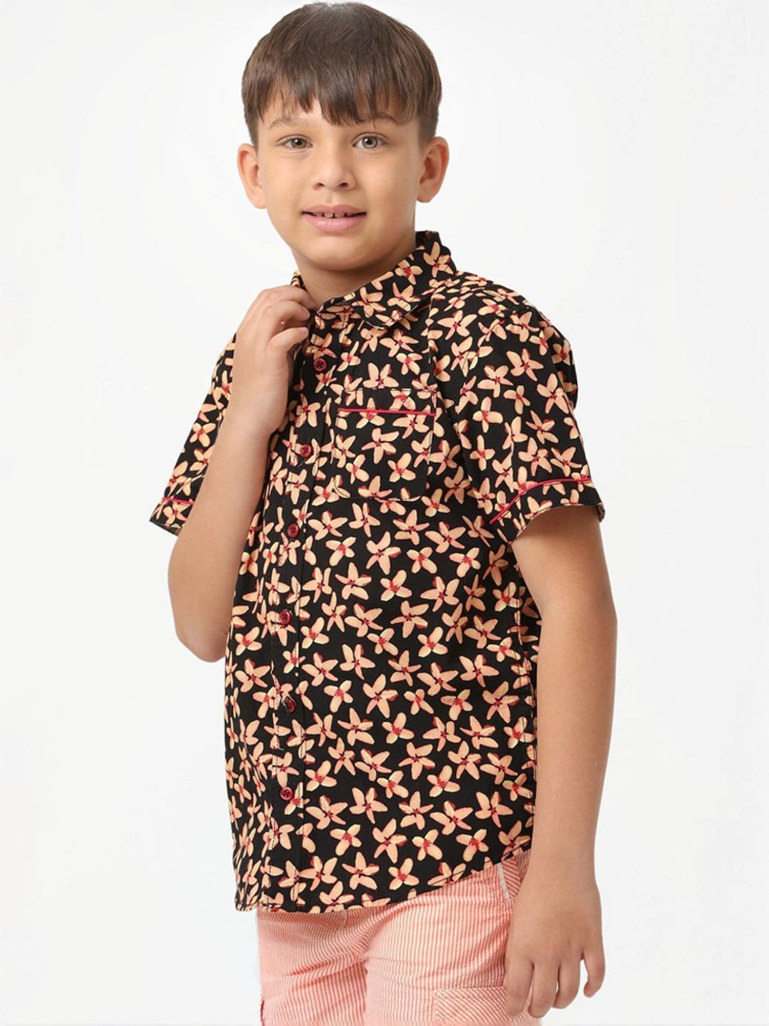 Kate & Oscar Kids Black & Yellow Cotton Floral Print Shirt