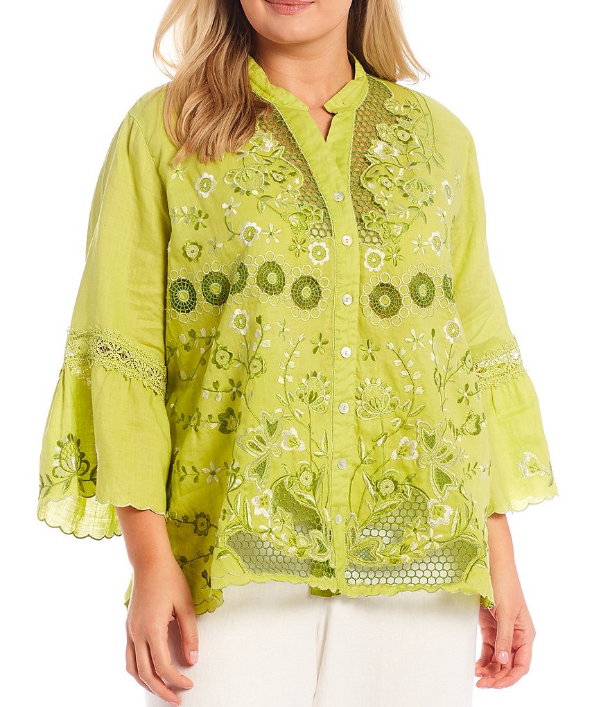 John Mark Plus Size Floral Embroidered Lace Trim Detail Wire Banded Collar Neck 3/4 Flounce Sleeve Button Down Top