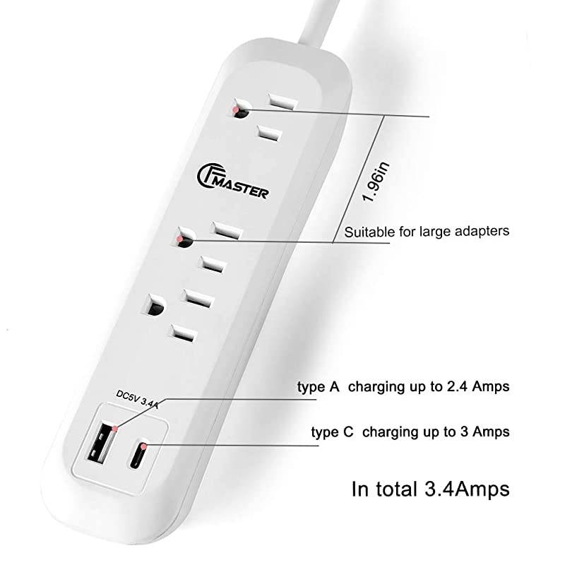 Fast Charger Power Strip Surge Protector Wall Outlets with 6FT Cord Straight Plug 3 AC Outlets 2 Smart IC Outlets34A 5V White
