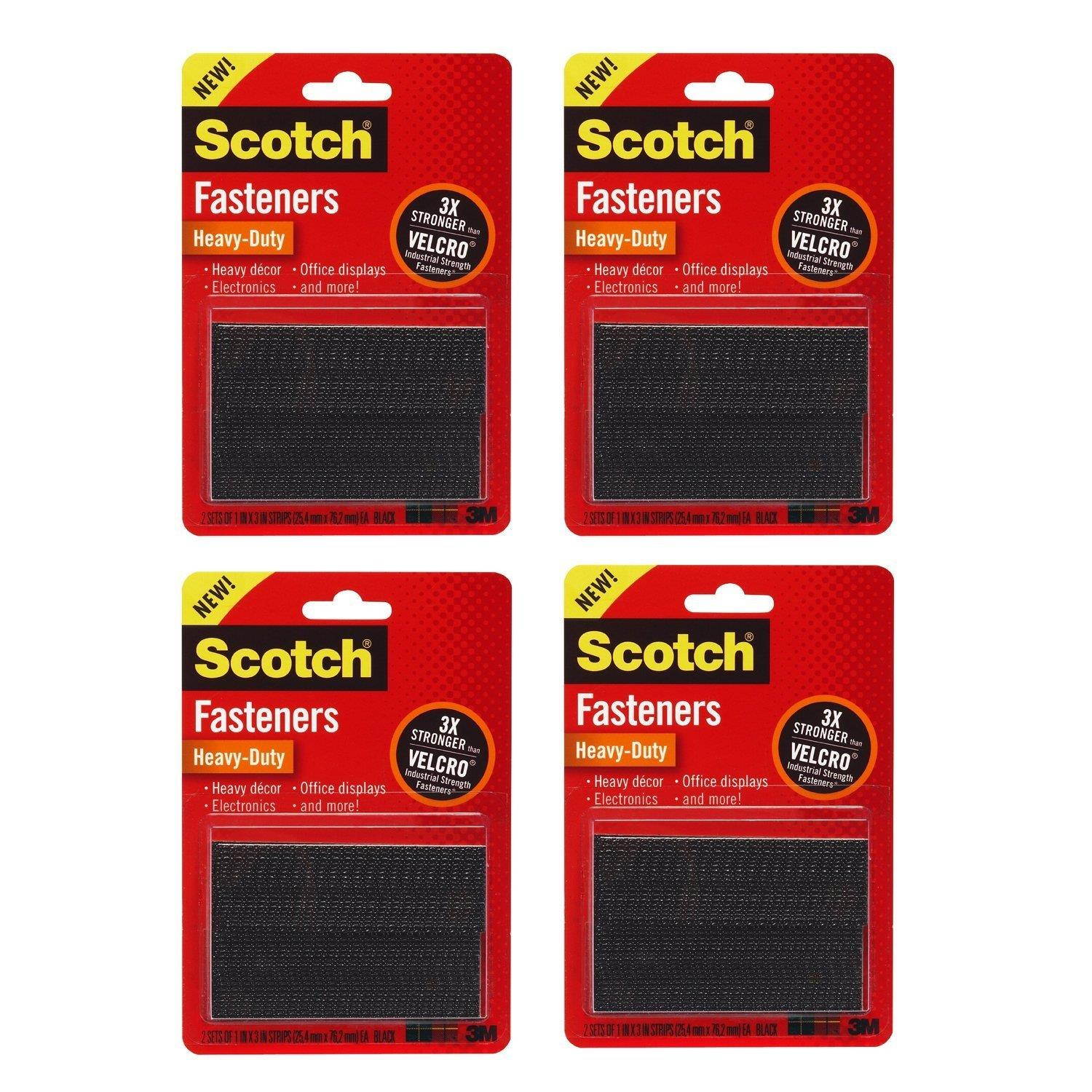 3M Scotch Heavy-Duty Fasteners, 8 Sets of 1 Inch x 3 Inches Strips, Black, 4 Pack (RFD7091)