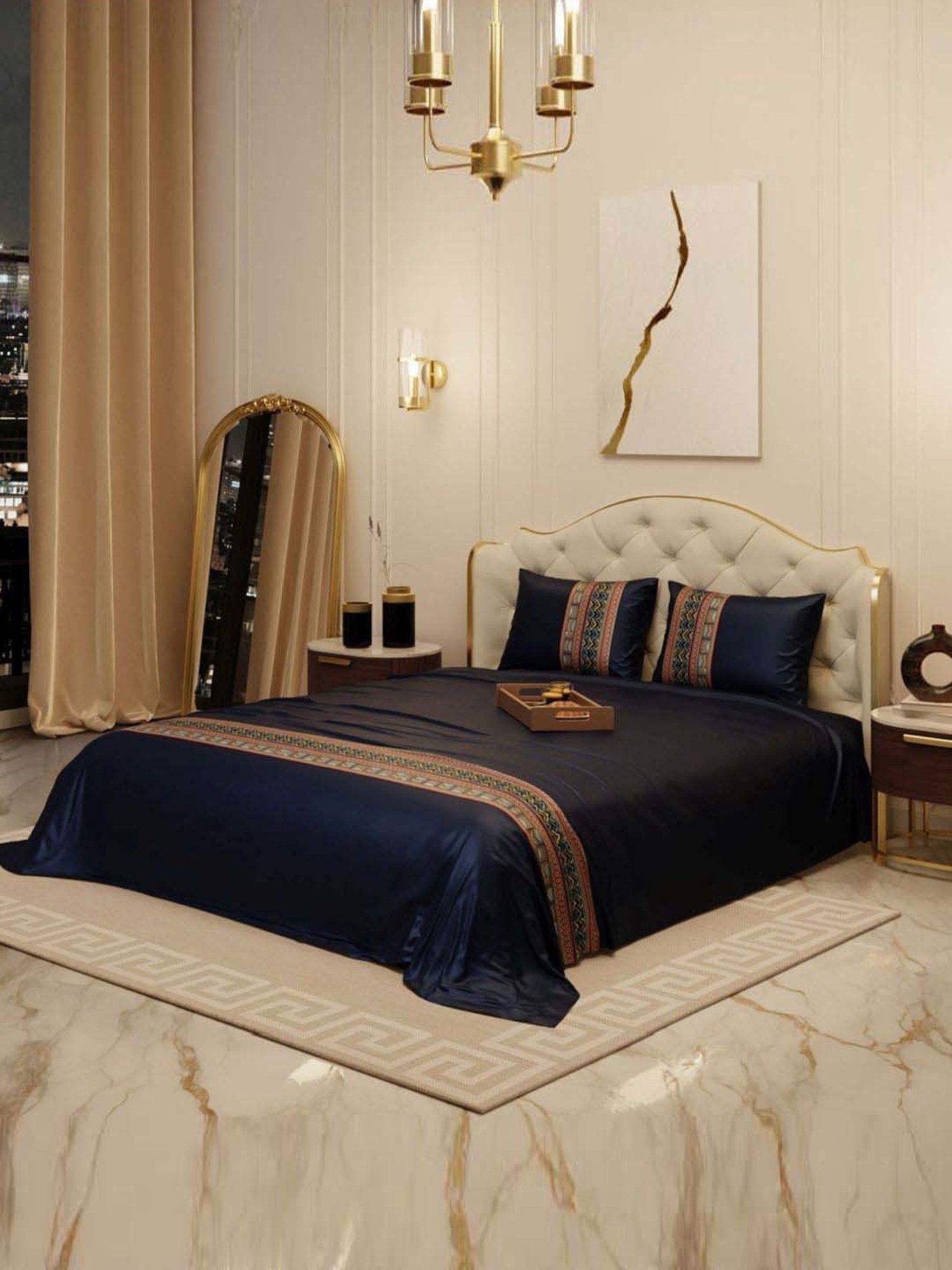 Stoa Paris Navy Polyester 300 TC Regal Renaissance Double Bed Sheet With 2 Pillow Covers