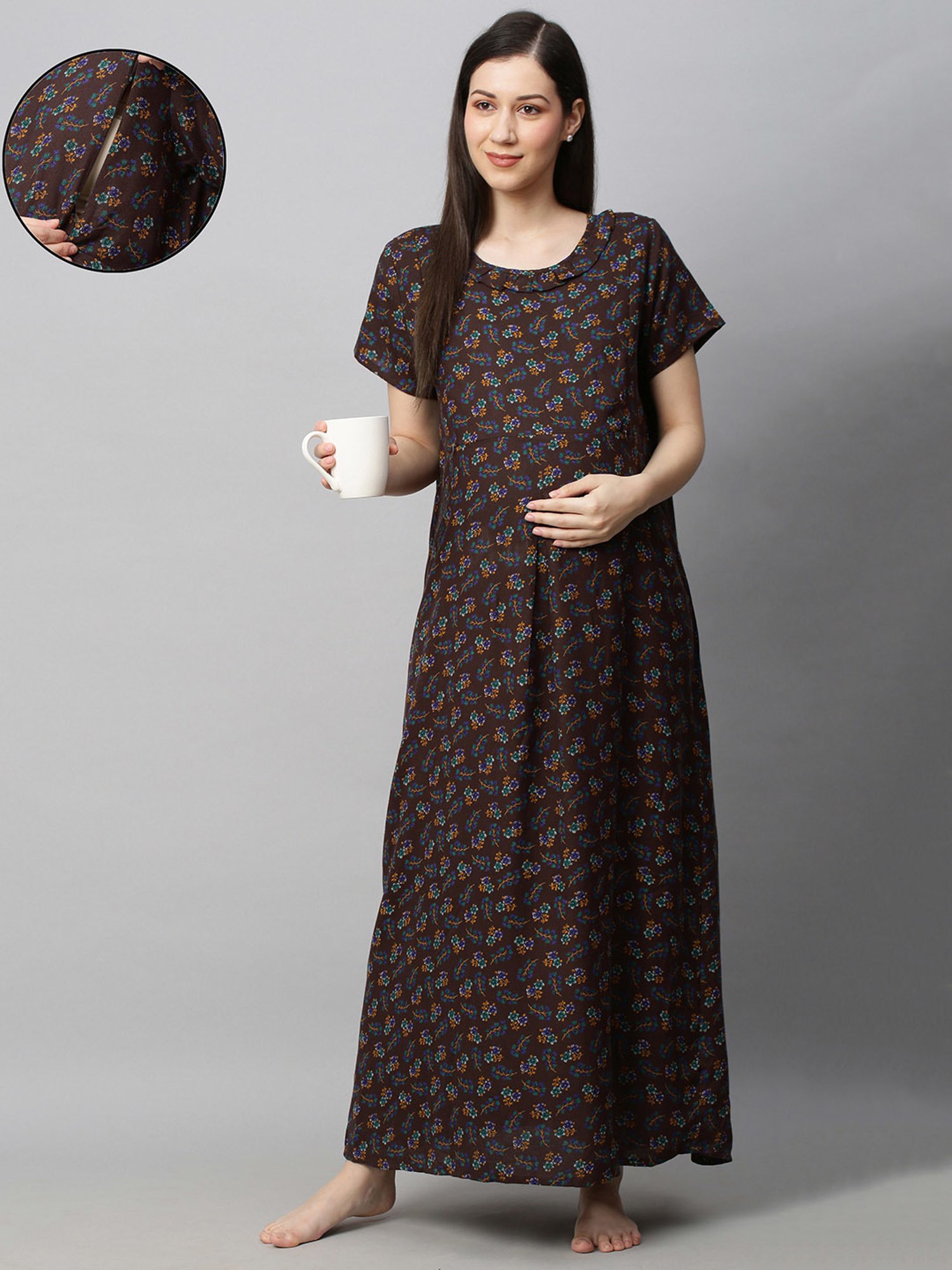 Clovia Yellow & Pink Graphic Print Maternity Top With Pyjamas