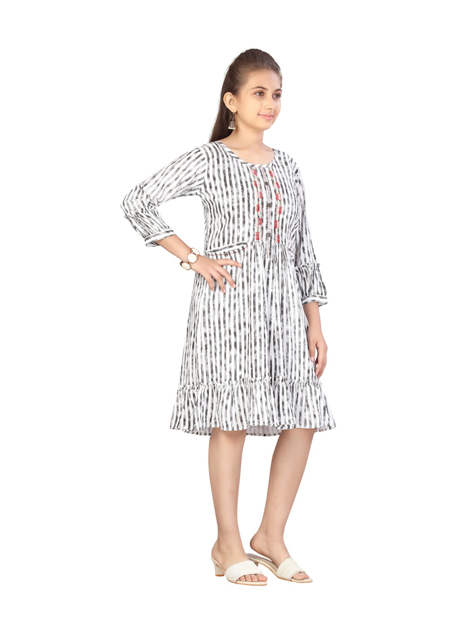 Aarika Kids White & Black Striped Dress