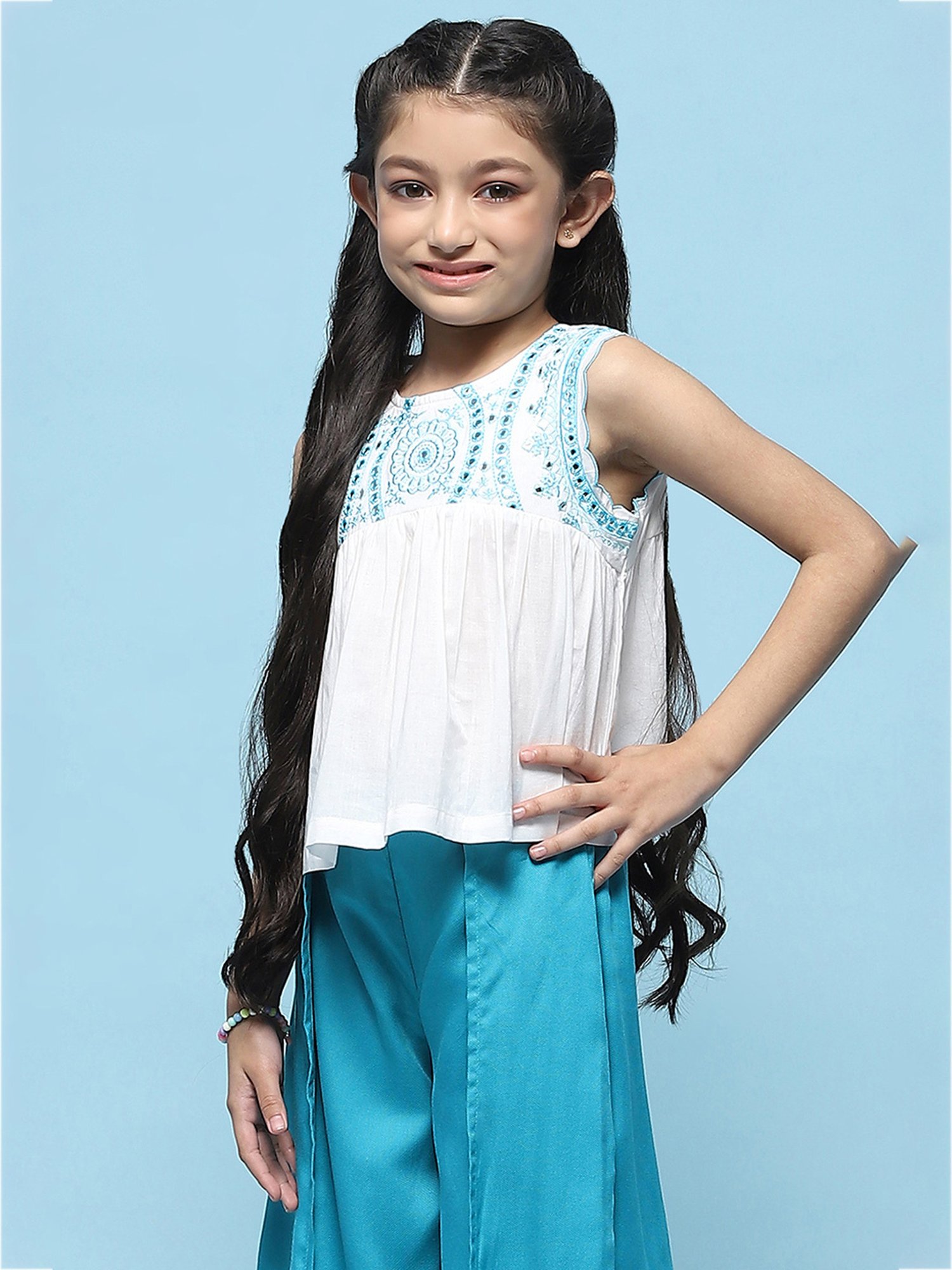 BIBA Girls White Embroidered Top