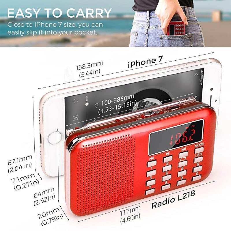 Small Portable Pocket Radio AM FM Digital Radio with LED Flashlight Micro SDTF CardUSB MP3 Music Player Auto Scan Save 1200mAh Rechargeable Battery Operated by Latest Version