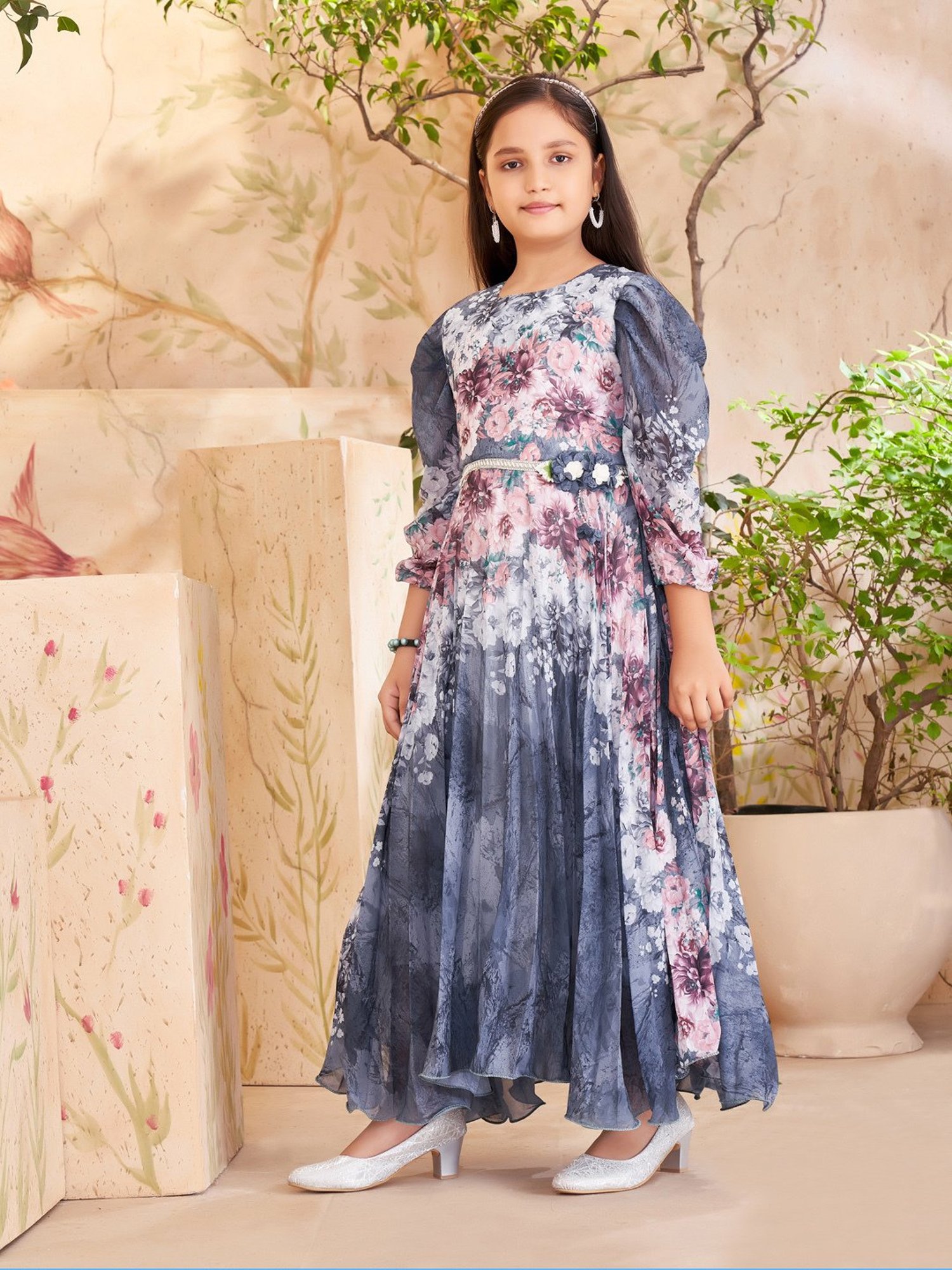 Aarika Girls Grey & Pink Floral Print Gown