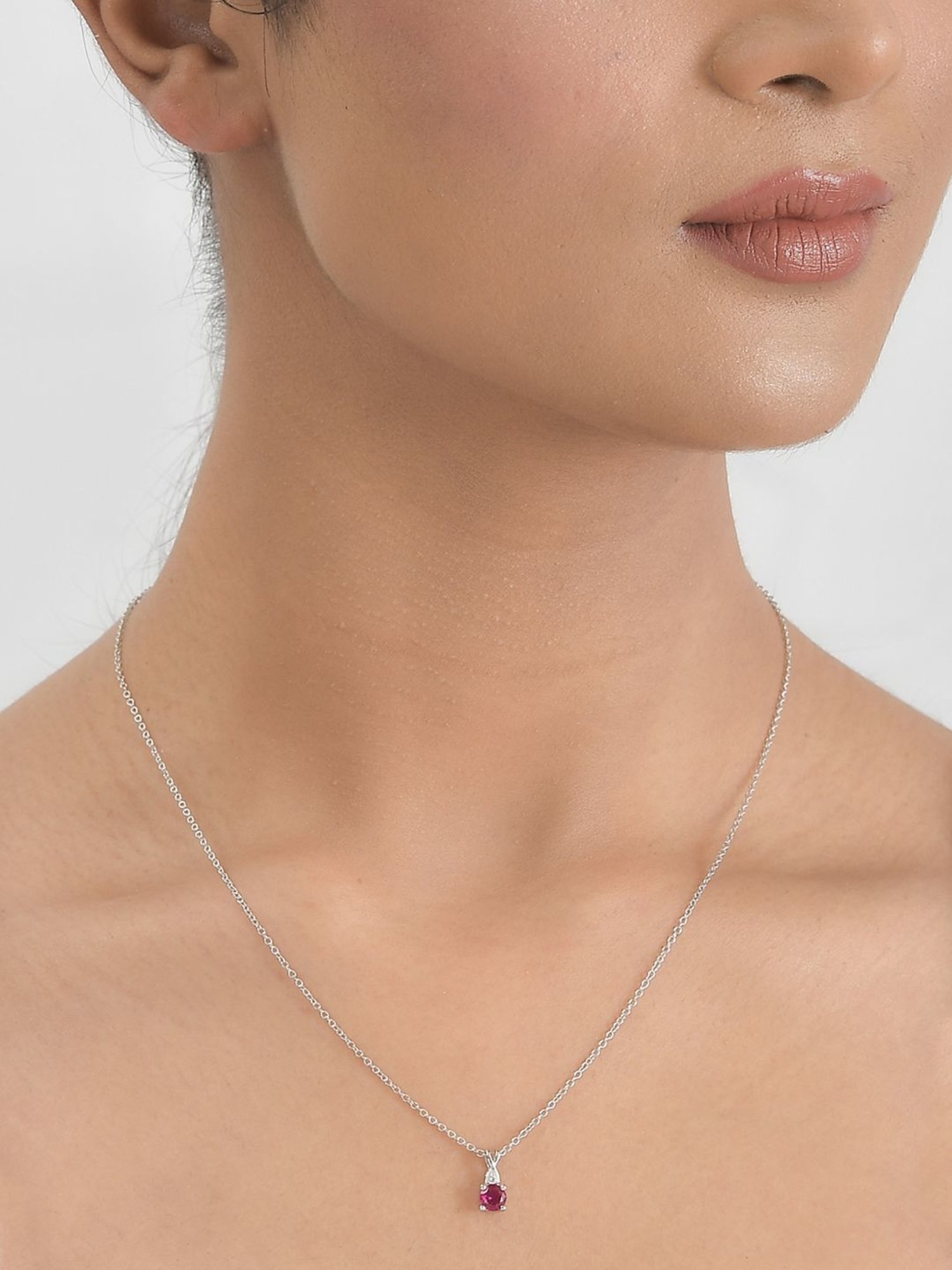 Ornate Jewels 925 Silver Red Ruby and American Diamond Solitaire Pendant with 18-inch Chain