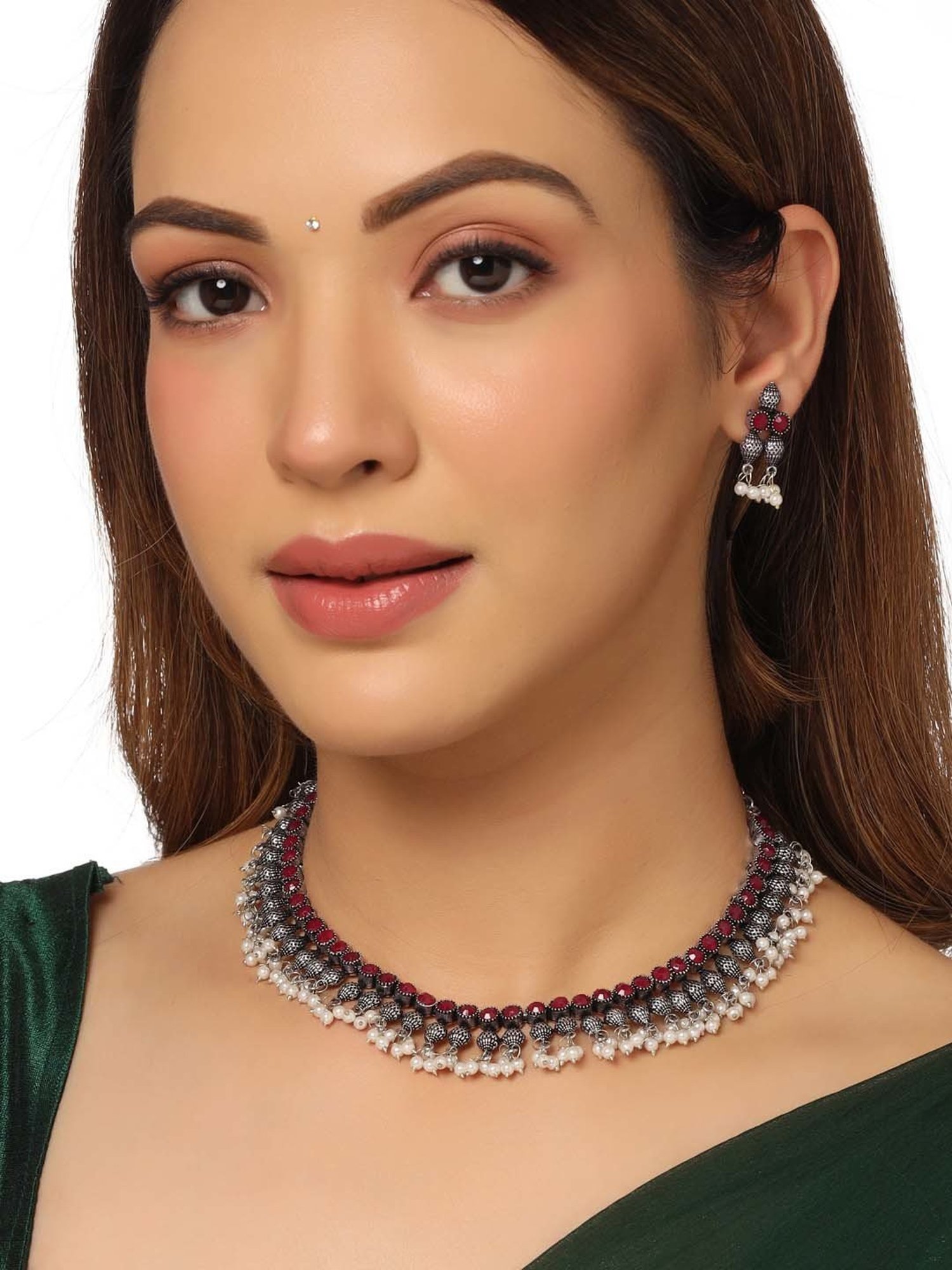 NVR Silver-Plated Stone Studded Oxidized Silver Jewellery Set for Women