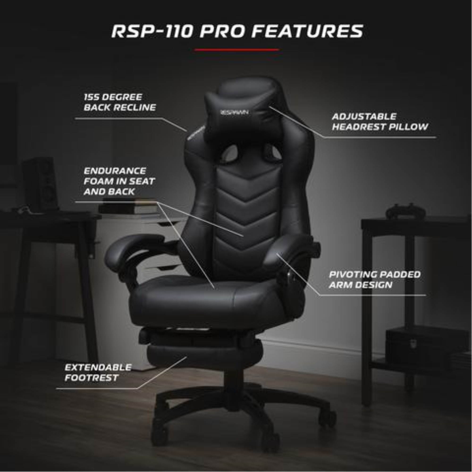 RESPAWN 110 Pro Racing Style Gaming Chair, Reclining Ergonomic Chair with Built-in Footrest, in Black (RSP-110V2-BLK)
