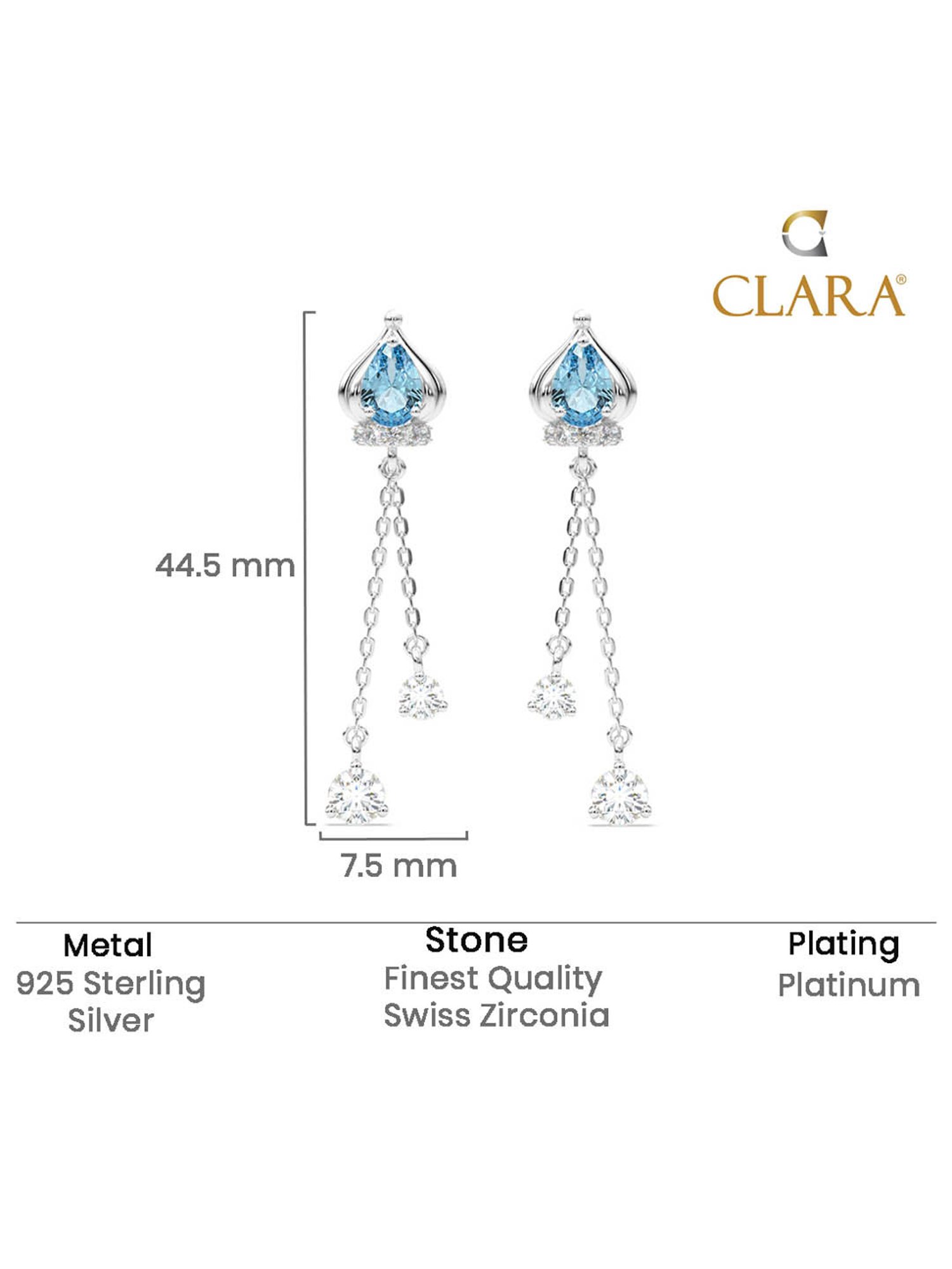 Clara 925 Sterling Silver Platinum Plated Swiss Zirconia Elsa Solitaire Drop Earrings for Women