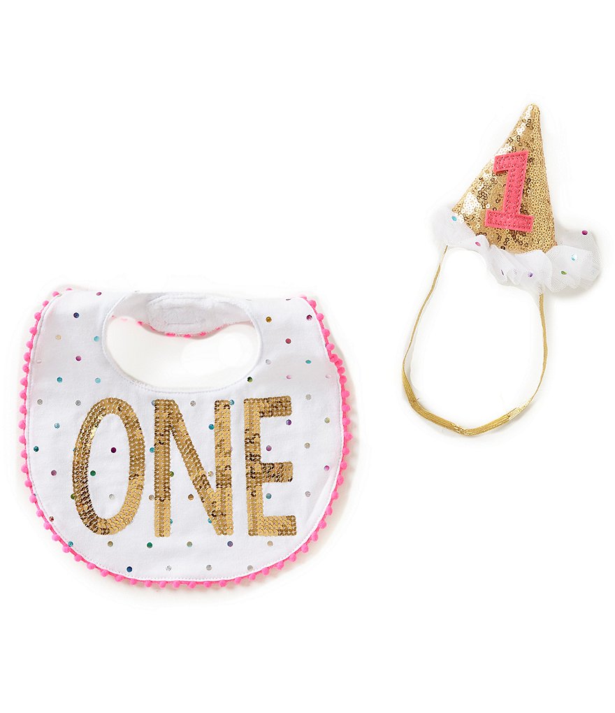 Mud Pie Baby Girls Birthday One Dotted and Sequin Bib & Hat Set