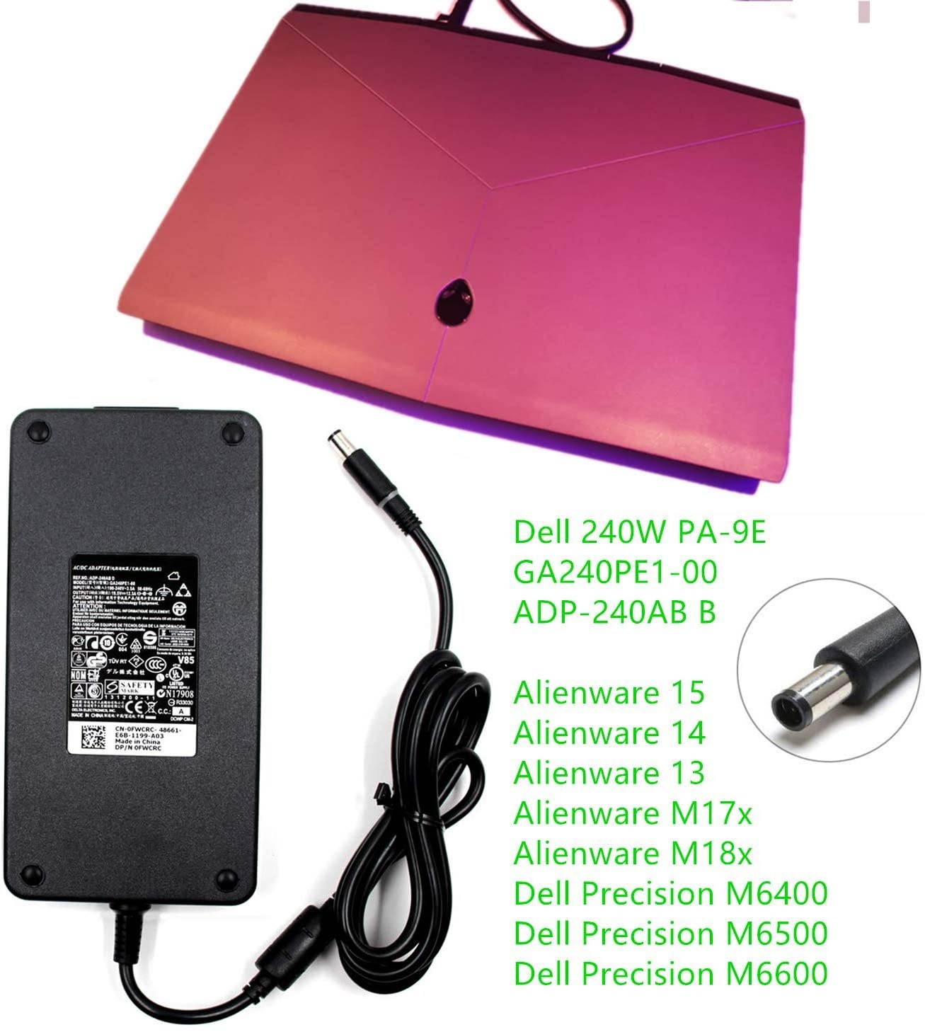 240W 19.5V 12.3A PA-9E AC Adapter for DELL Alienware M17X M18X X51 13 15 17 R2 R3 R4 R5 Precision 7710 7720 7730 M6400 M6500 M6600 M6700 M6800 Area-51m PA-9E Laptop Charger Power Supply Cord