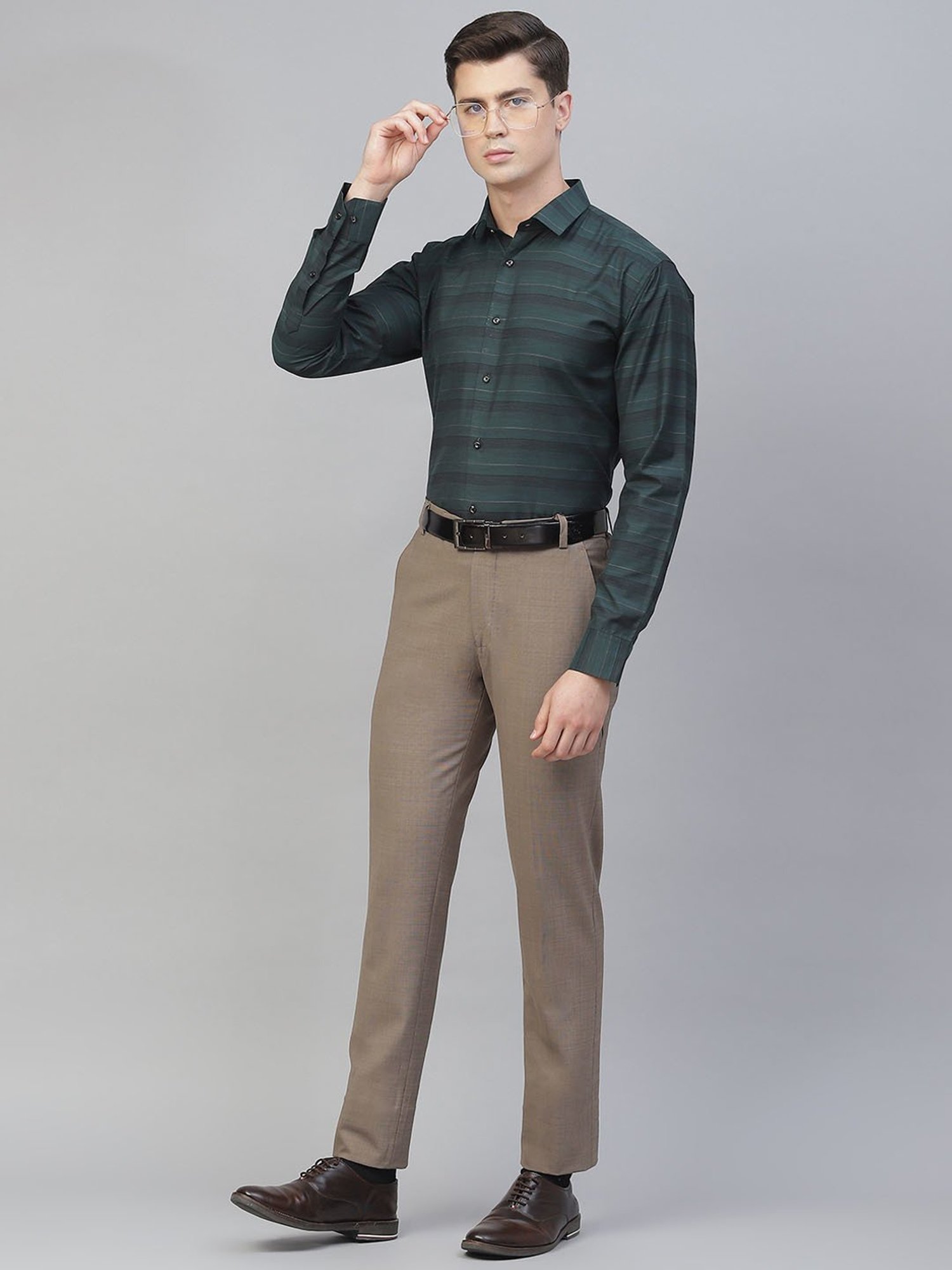 ManQ Green Regular Fit Striped Shirt