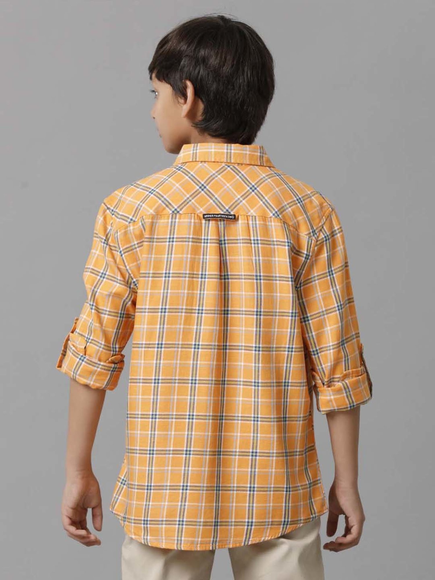 Under Fourteen Only Kids Orange & Blue Cotton Chequered Full Sleeves Shirt
