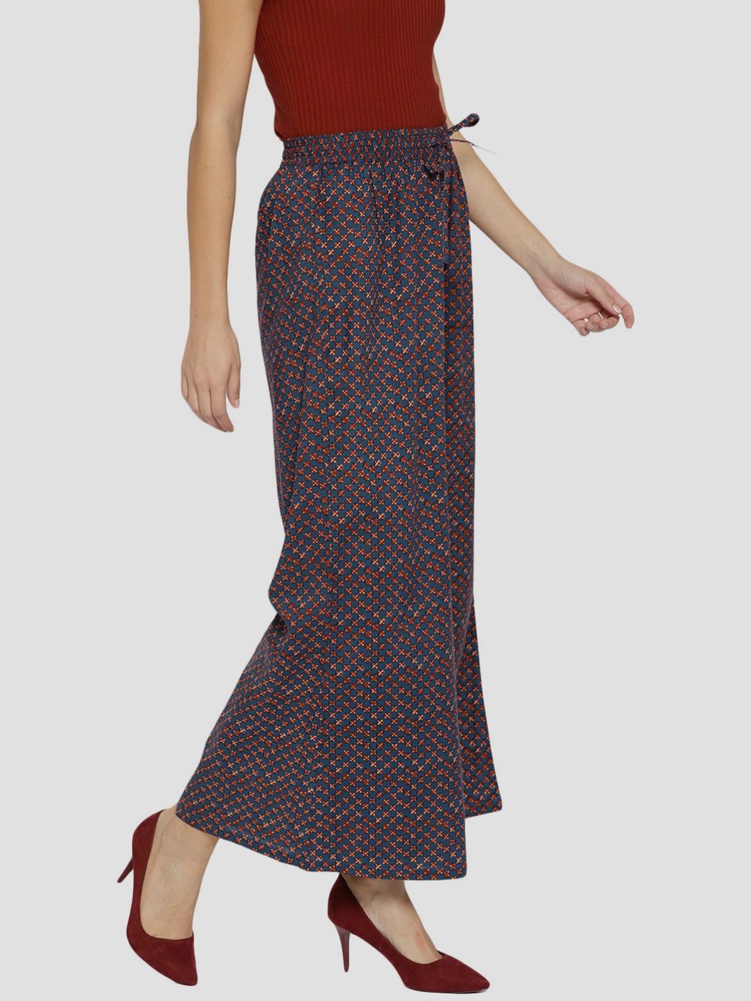 Sringam Blue Cotton Printed Palazzos