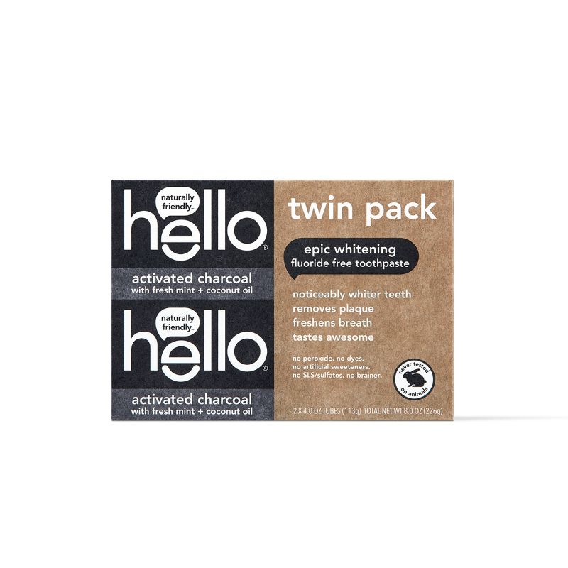 hello Activated Charcoal Epic Whitening Fluoride Free Toothpaste SLS Free + Vegan Twin Pack - 4oz/2pk
