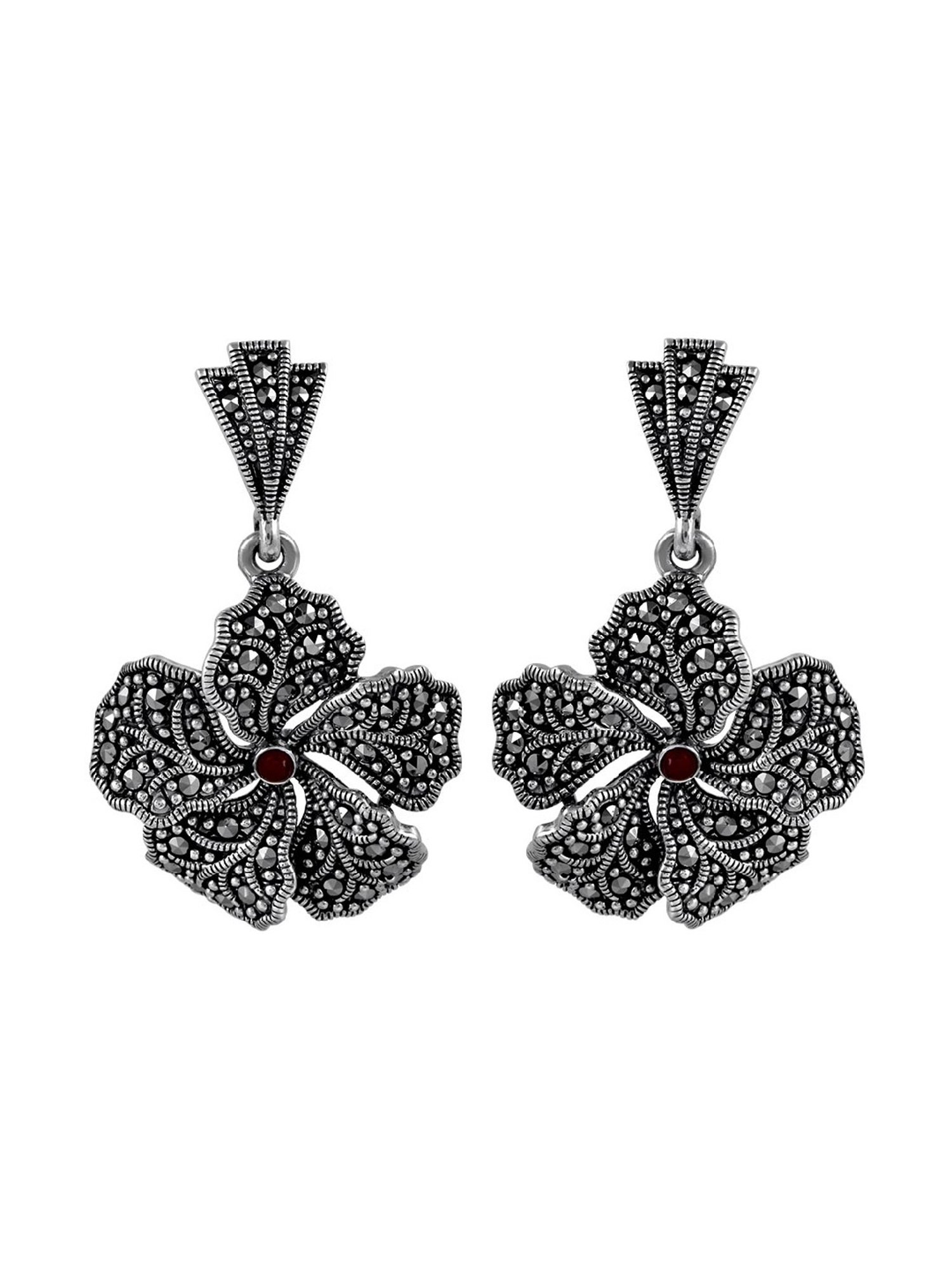 Rihi by P.C. Chandra Jewellers Oxidized Flower Necklace And Earring Set With Maroon Stone