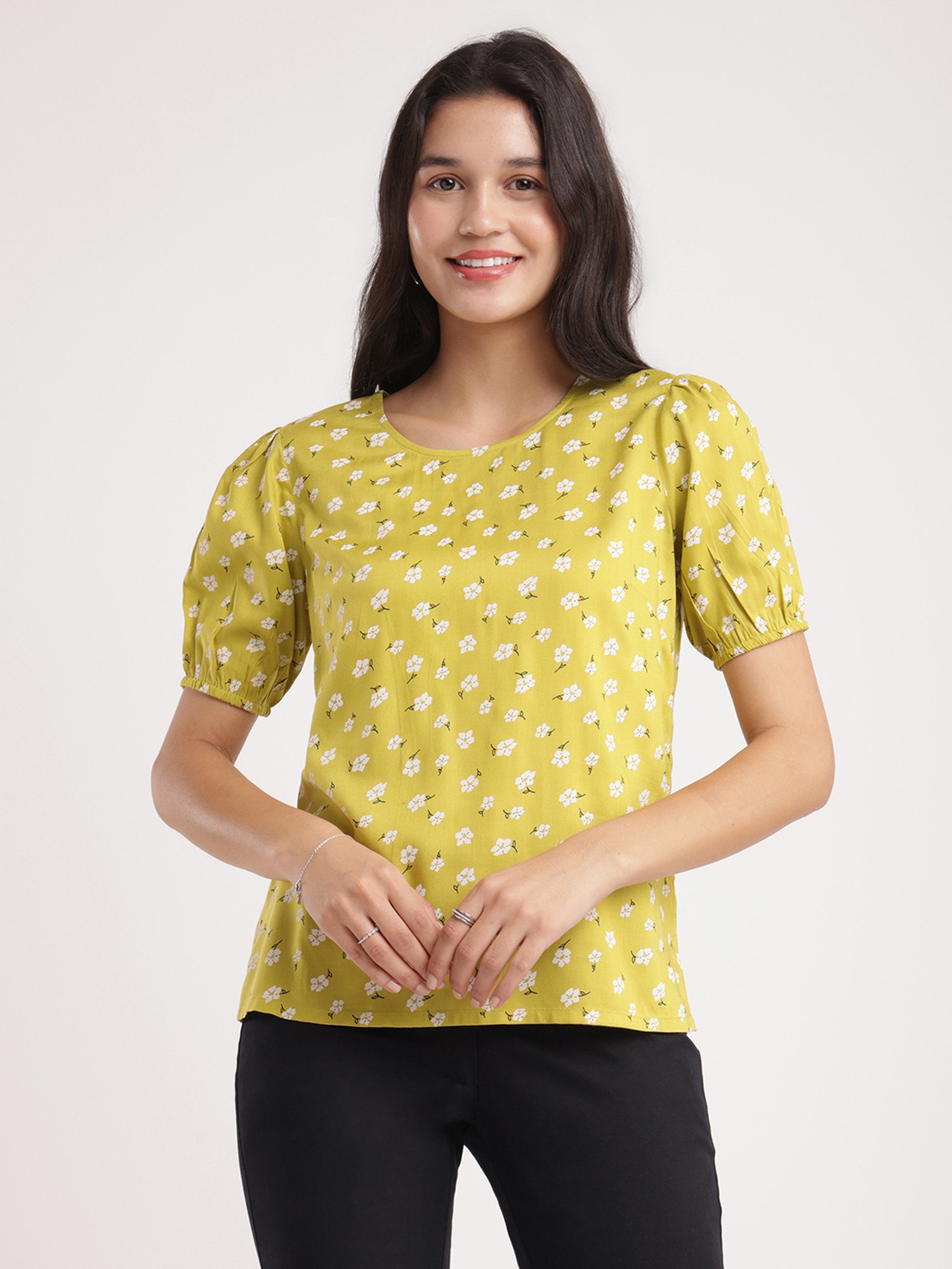 Fablestreet Green & White Floral Print Top