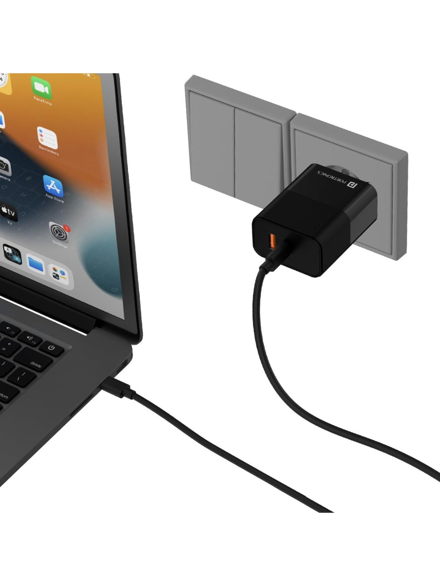 Portronics Adapto 65 Pro 65W Dual Ports Outputs GaN Fast Wall Charger with Cable (Black)