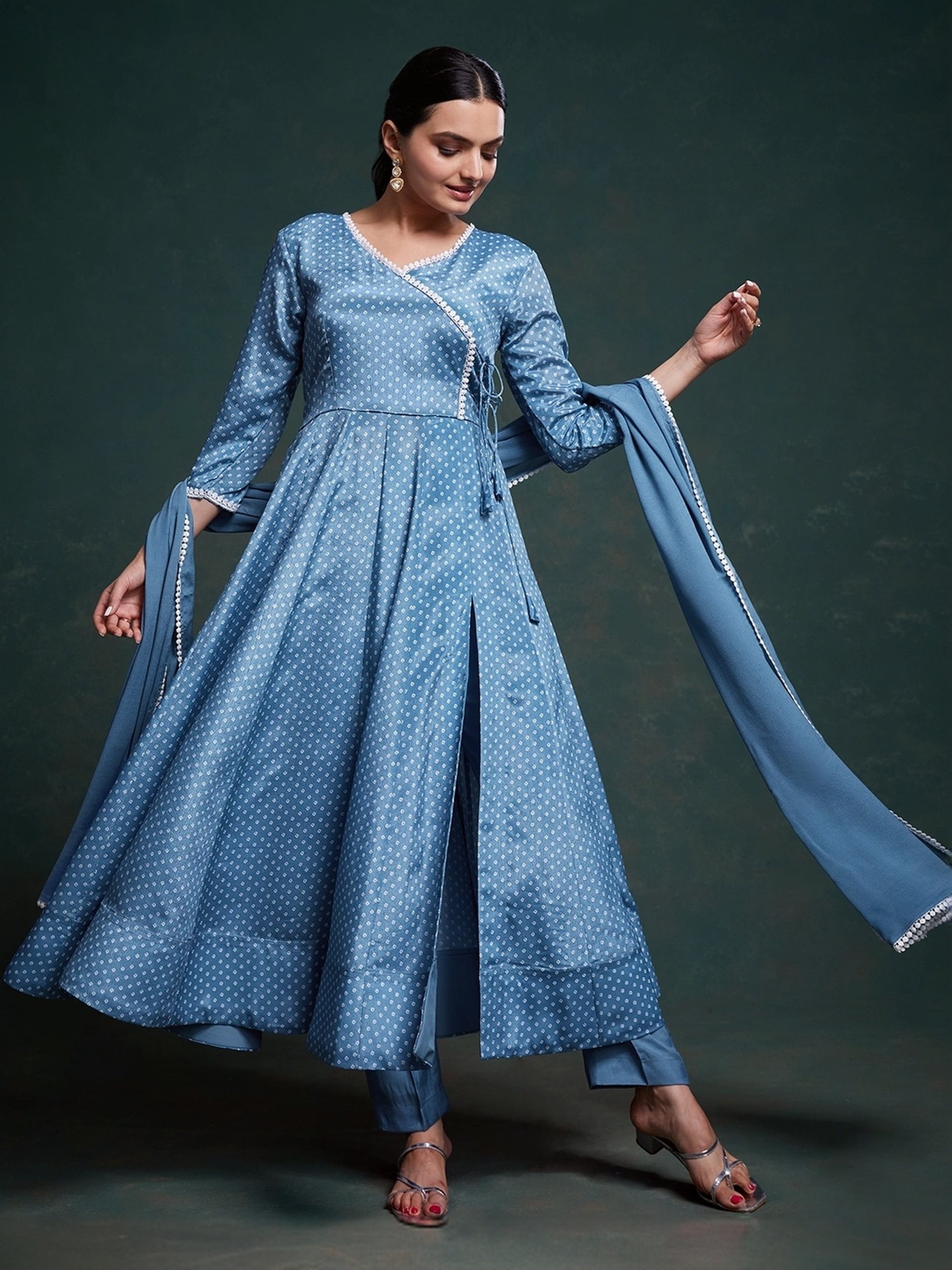 Odette Blue Printed Kurta Pant Set With Dupatta