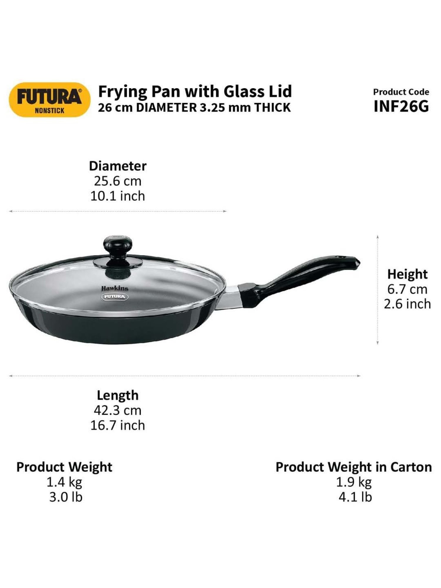 Hawkins Black Aluminium 26 cm Induction Fry Pan With Glass Lid (0.9 L)