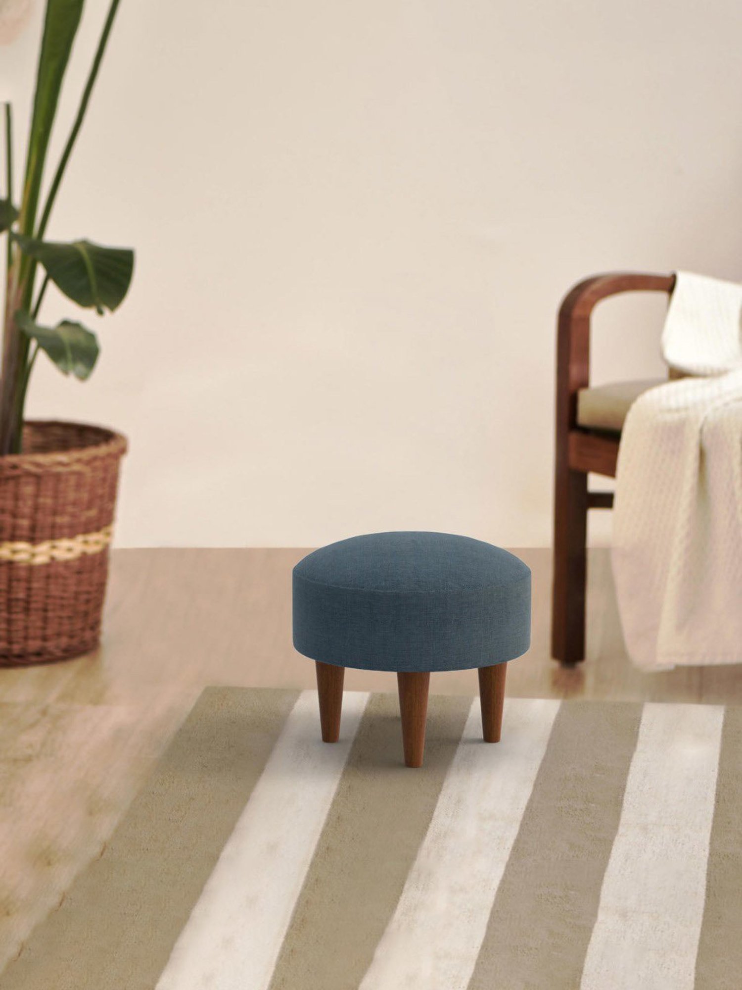 Chumbak Begum Sailor Solid Blue Wood Foot Rest Ottoman