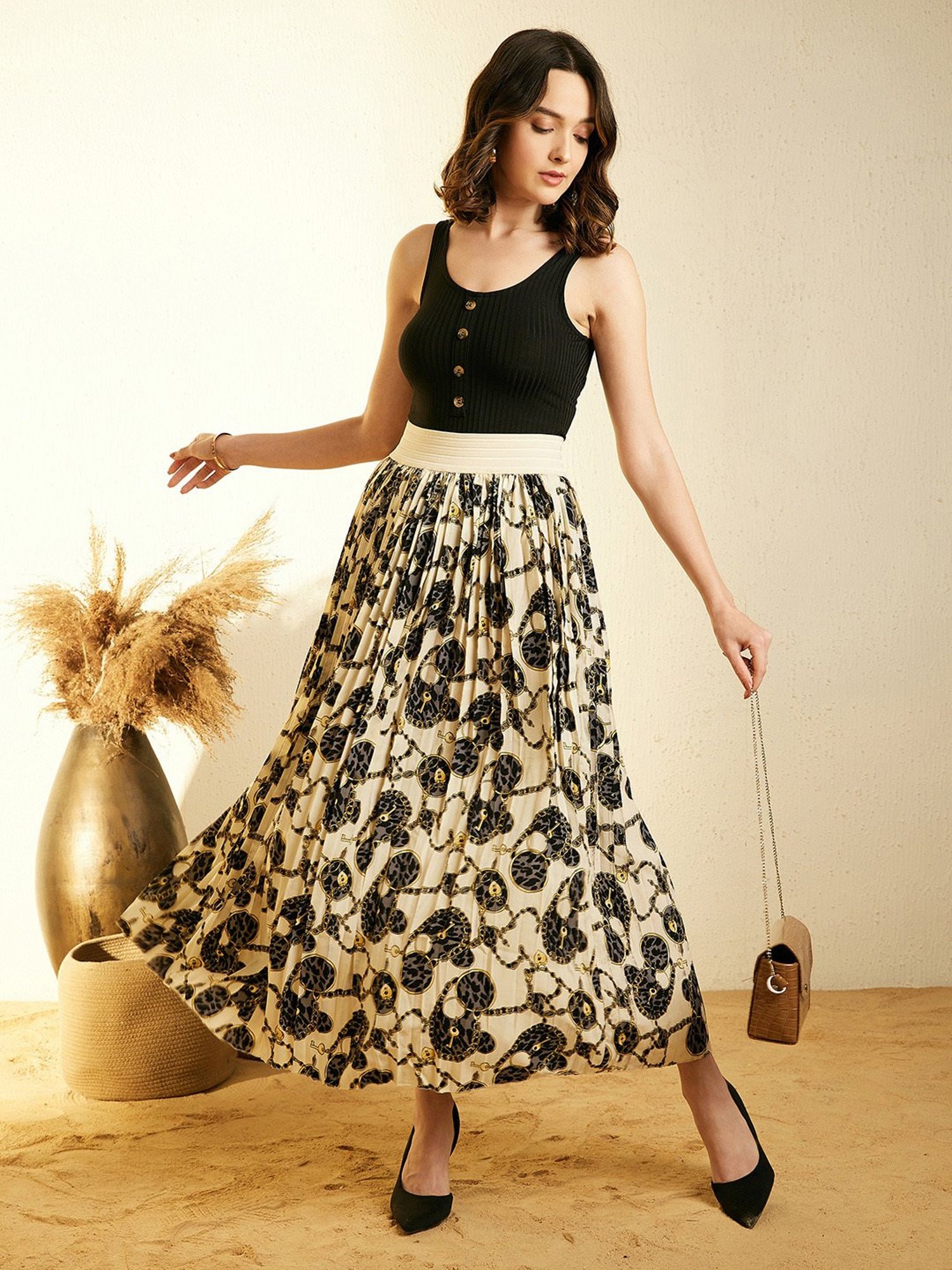 StyleStone Cream & Black Print Skirt