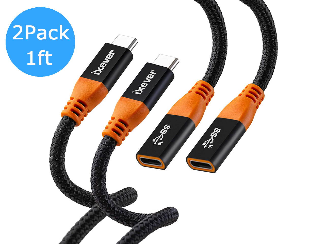 USB C Extension Cable Short 1Ft (2Pack), iXever 100W PD Fast Charging 10 Gbps USB 3.1 Gen 2 Data 4K USB Type C Male to Female Extender Cord, Compatible with MacBook Air Surface XPS Nintendo Switch