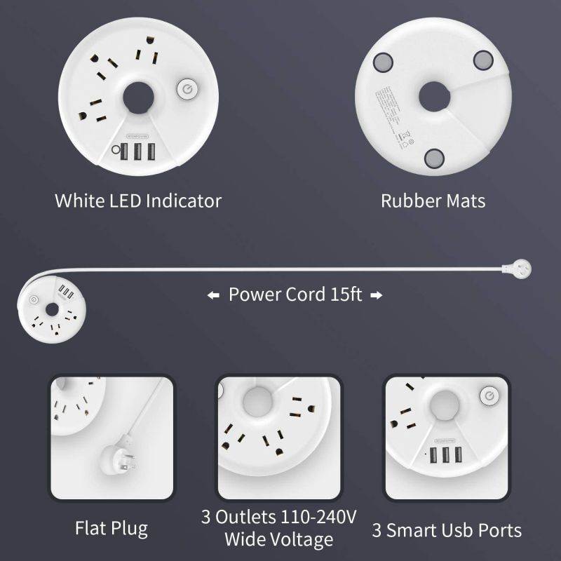Power Strip with USB - Travel Power Strip Flat Plug 15 ft Extra Long Extension Cord 3 Outlet 3 USB Desktop Charging Station Wall Mount for Home Dorm Room Office and Nightstand - White